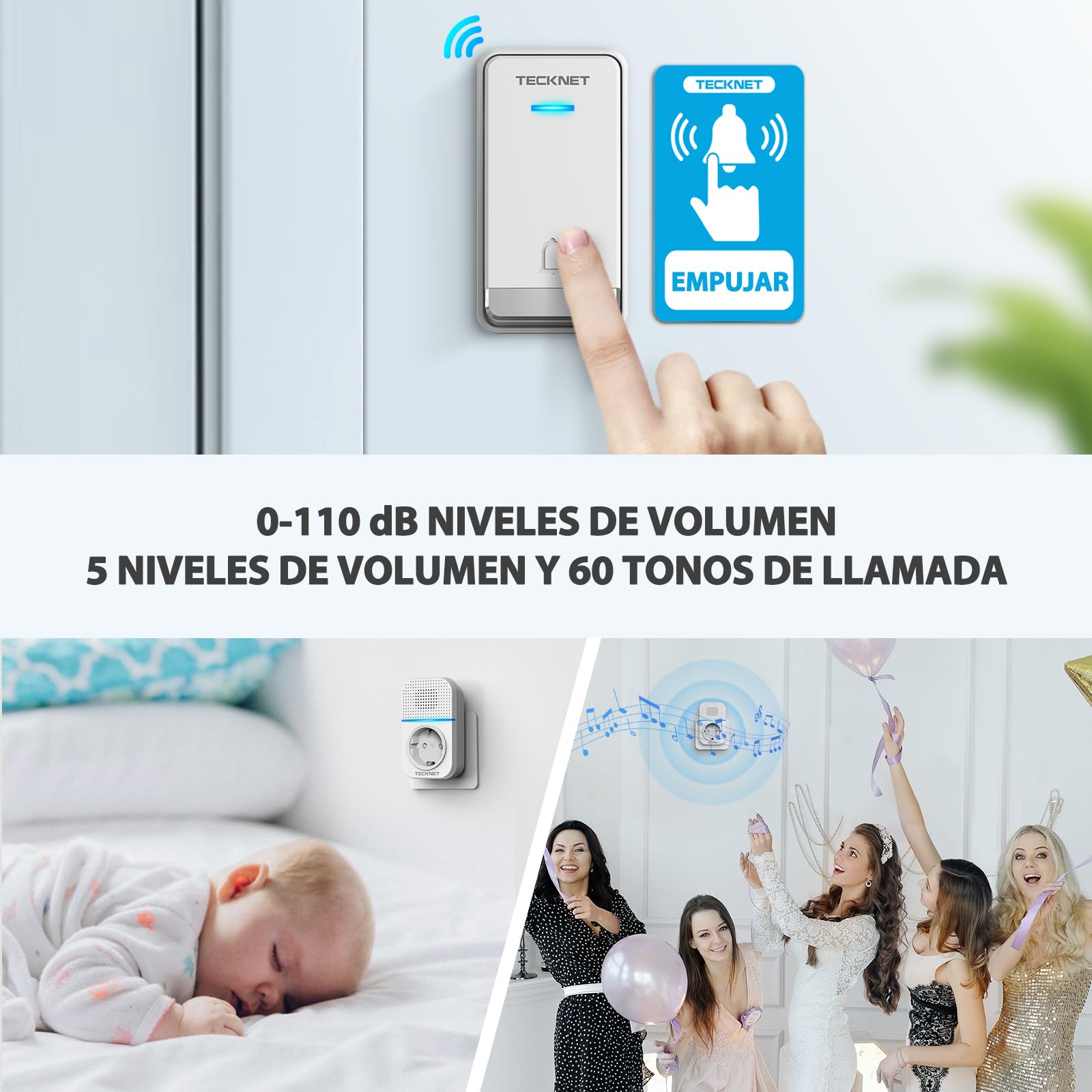 TECKNET Timbre Inalámbrico con Enchufe Timbre Impermeable para Puerta, 60 Melodías Rango de 400M de Distancia Timbre para Casa, 5 Niveles de Volumen, No Necesita Batería