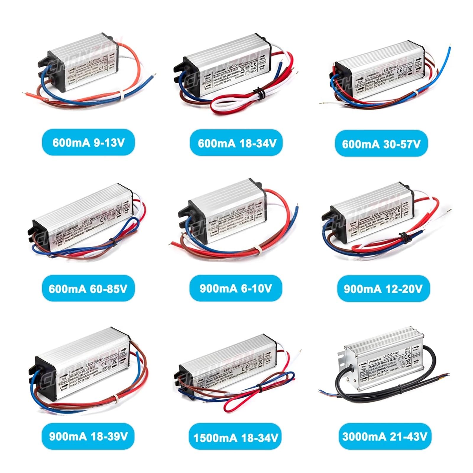 Sterownik LED, Sterownik LED o stałym prądzie, wodoodporny IP67 1W 3W 5W 10W 20W 30W 36W 50W 100W AC 100V-240V Transformator oświetleniowy wejściowy(450mA 39 to 83V 36W)