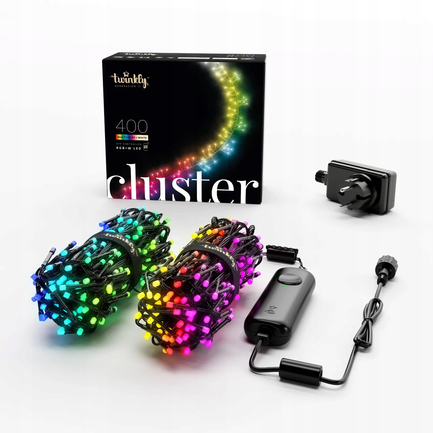 Twinkly Cluster 400 LED RGB+Bianco, Striscia Densa di Luci LED Esterno e Interno, Luci LED Smart Multicolore, Compatibile con Alexa e Google Home, Gaming, IP44, Controllo App, Filo Nero, 6m