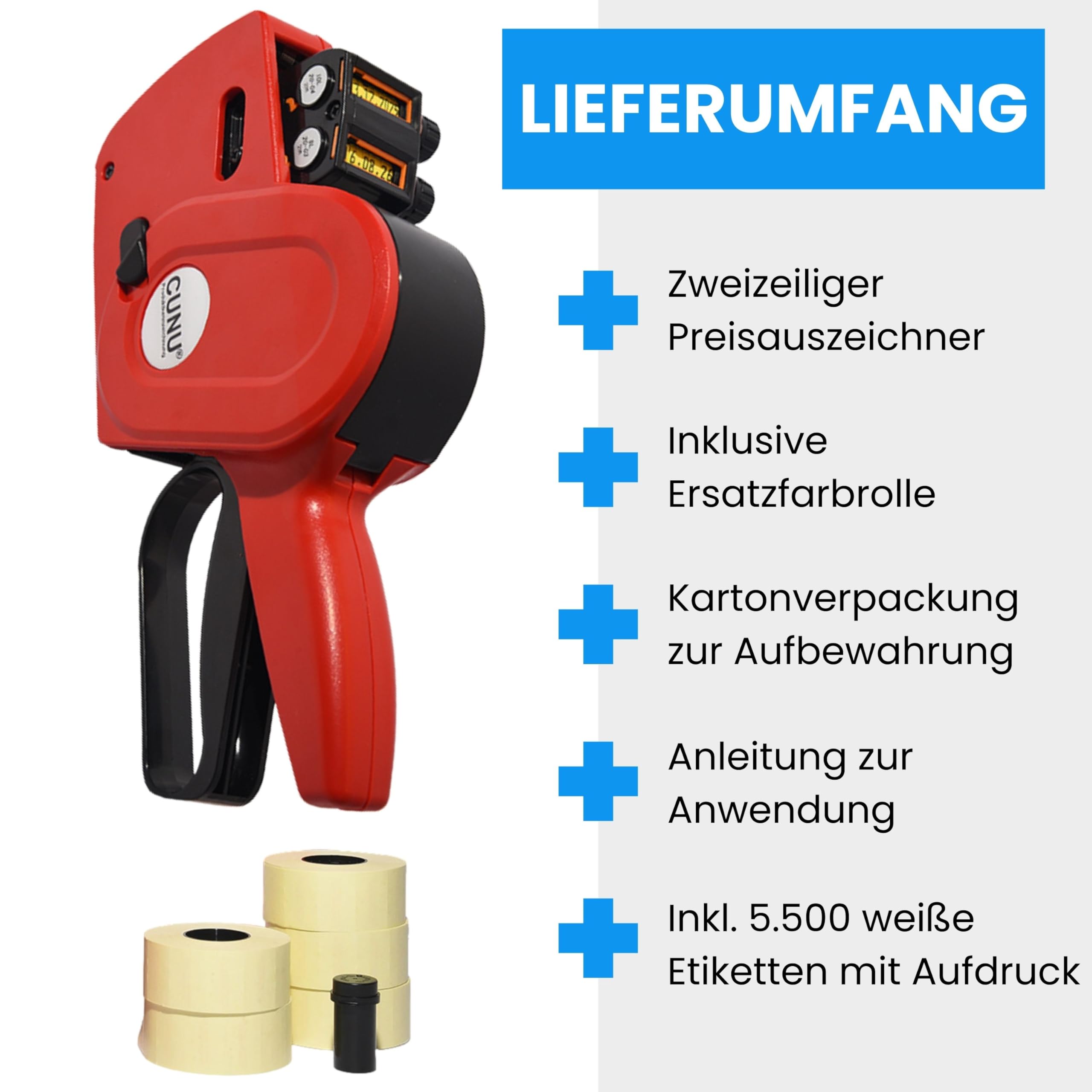 Auszeichner 2-zeilig für mindestens haltbar bis und Chargennummer - MHD Handauszeichner zweizeilig - Etikettierer für 26x16mm, 25x16mm Etiketten - Auszeichnungsgerät für Datum und Nummern