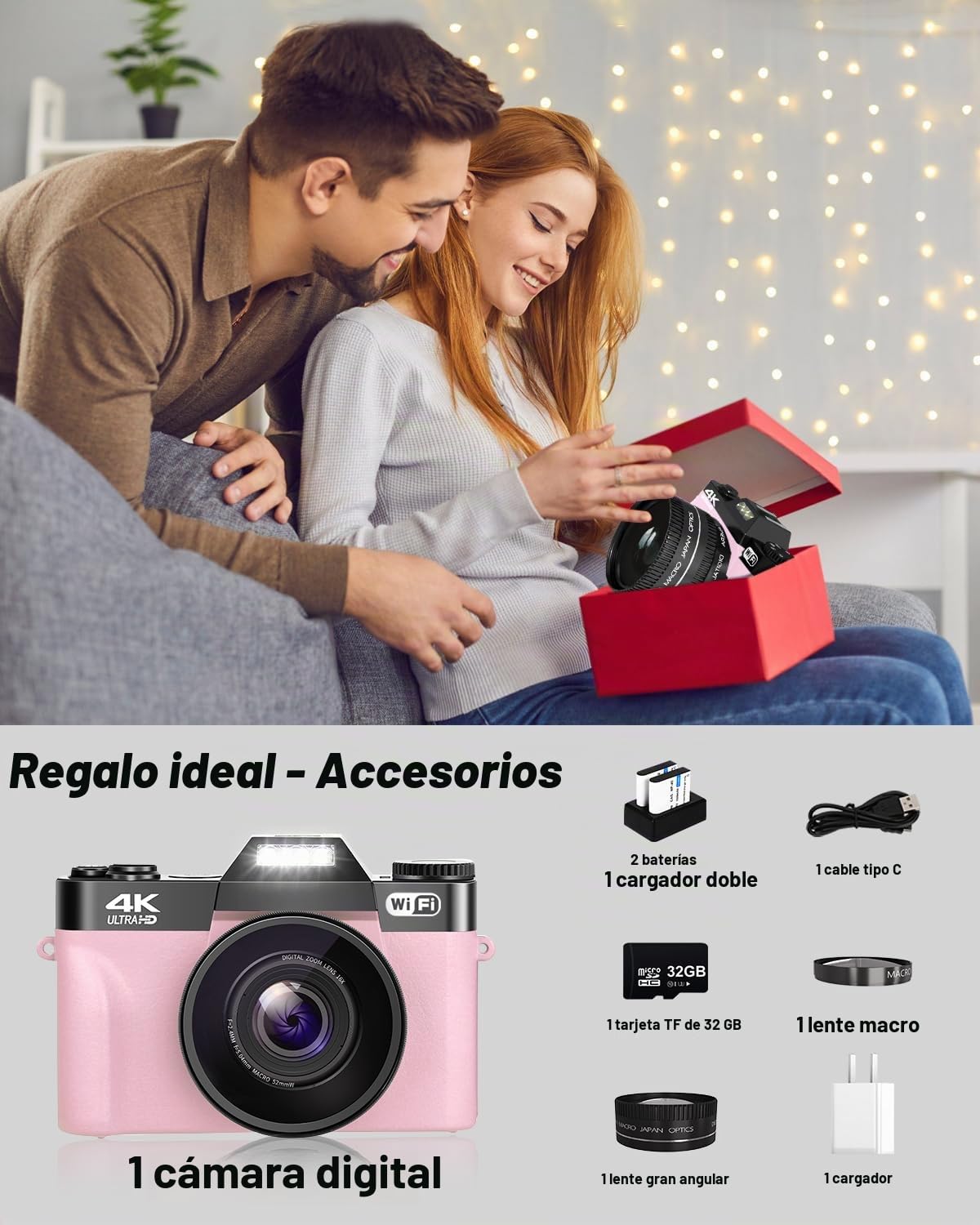 Cámara digital VJIANGER mejorada 2024 para fotografía 4K 56MP cámara de vlogging para YouTube con WiFi, pantalla abatible de 180 grados, zoom digital 16X, lente de 52 mm, 2 baterías, tarjeta TF de 32