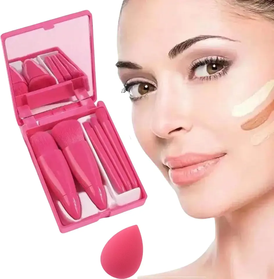 Kit Pincéis de Maquiagem Portáteis com Estojo e Espelho + Esponja Blender – 5 Pincéis Rosa Pink para Base, Pó, Blush e Olhos, Ideal para Bolsa e Viagem - tik tok - blogueira - Virginia