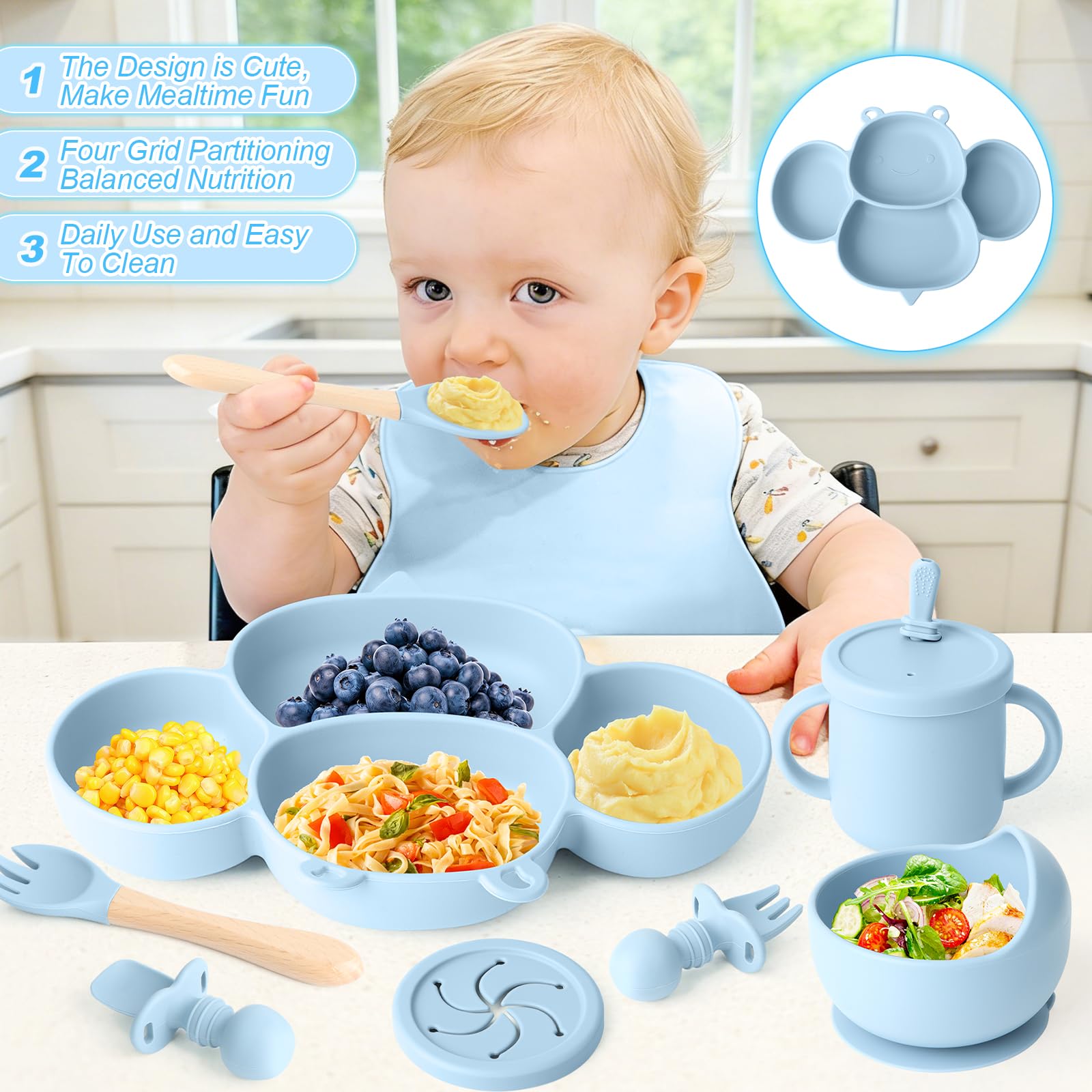 Set de Vaisselle Bébé en Silicone,Set de Repas Antidérapant pour Enfant avec Ventouse, Set de Vaisselle 8 Pièces Bébé