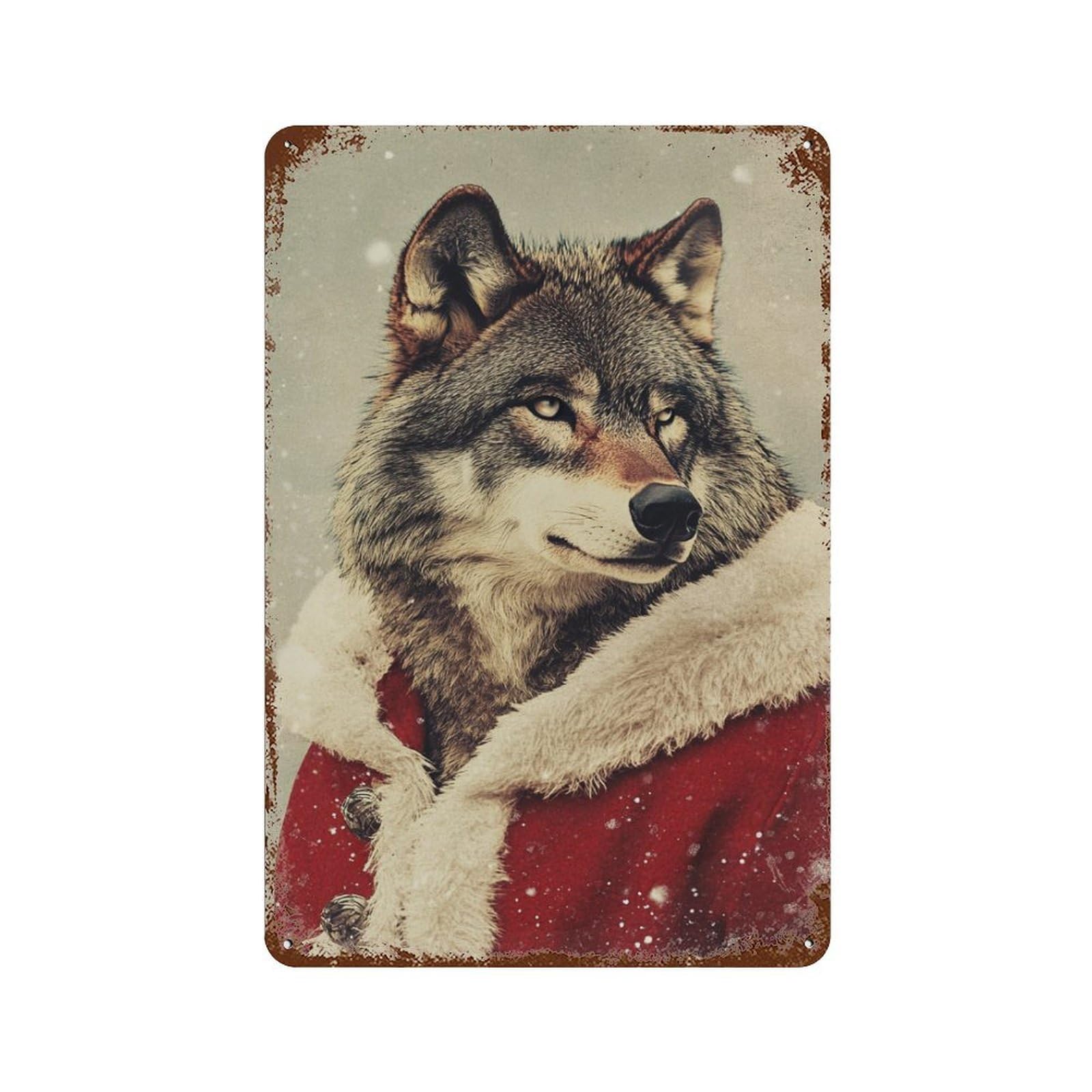 Christmas Wolf Santa Costume Rusty Metal Tin Sign 11.8"x7.9", Ideal for Shed, Workshop And Garage Wall Decor