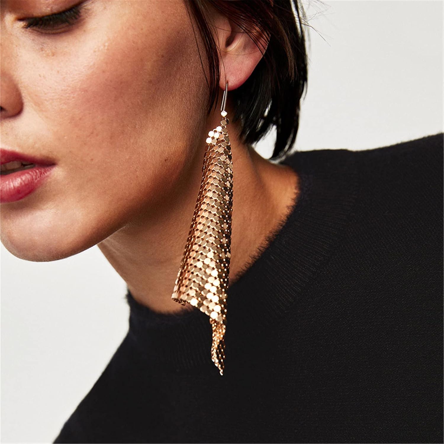 coadipress Metal Mesh Grid Sequins Tassel Long Drop Dangle Earrings for Women Trendy Lightweight Charms Disco Vintage Colorful Long Hook Earrings Bridal Wedding Jewelry - Image 4