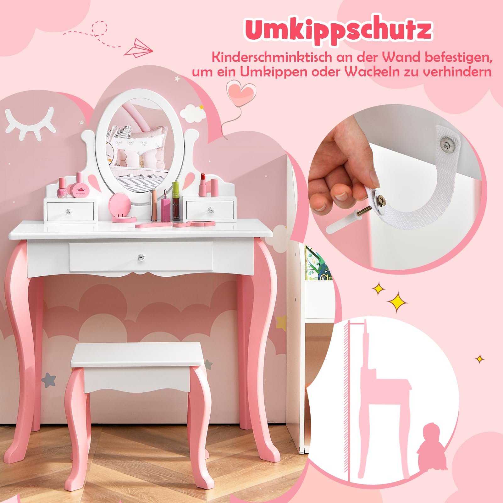 DREAMADE 2 in 1 Kinder Schminktisch mit Hocker & Abnehmbarer Spiegel, Prinzessin Frisiertisch Kosmetiktisch aus Holz, Kinderschminktisch mit 3 Schubladen für Kinder Mädchen ab 3 (Weiß)