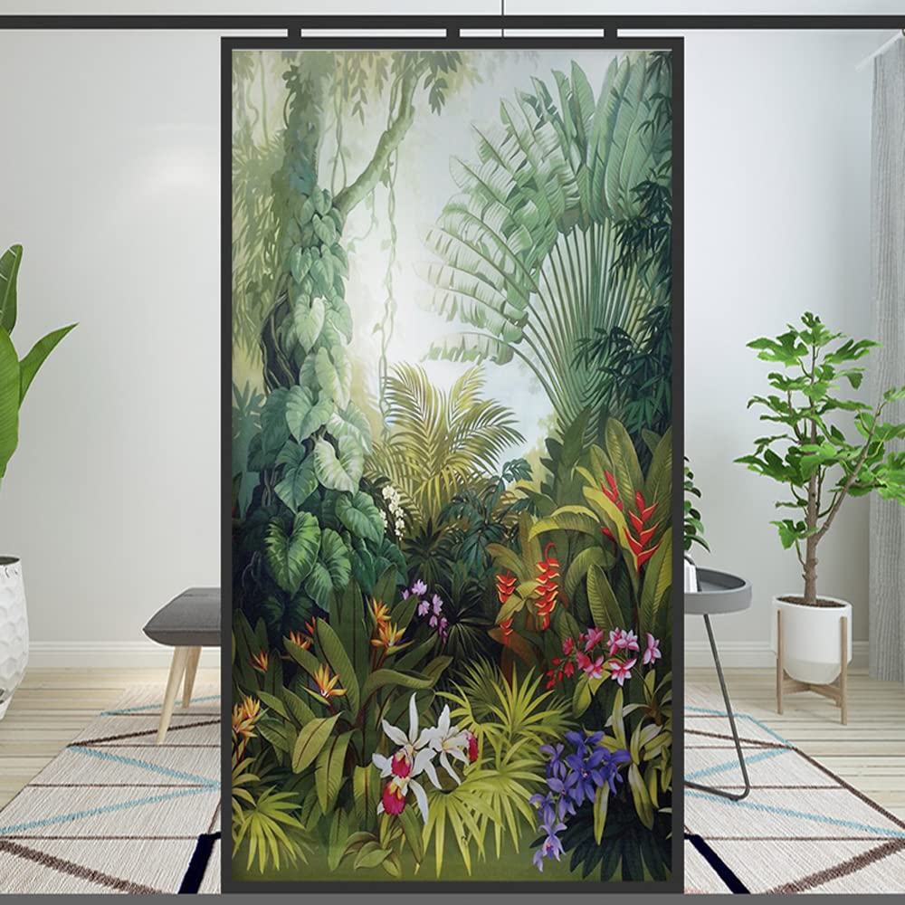 Window Film Privacy Decortive Forest Creek Landscape Oil Painting Static Cling Window Stickers No Glue Frosted Window Coverings Window Window Tint (W x L) (E,69x170cm(27x66.9))