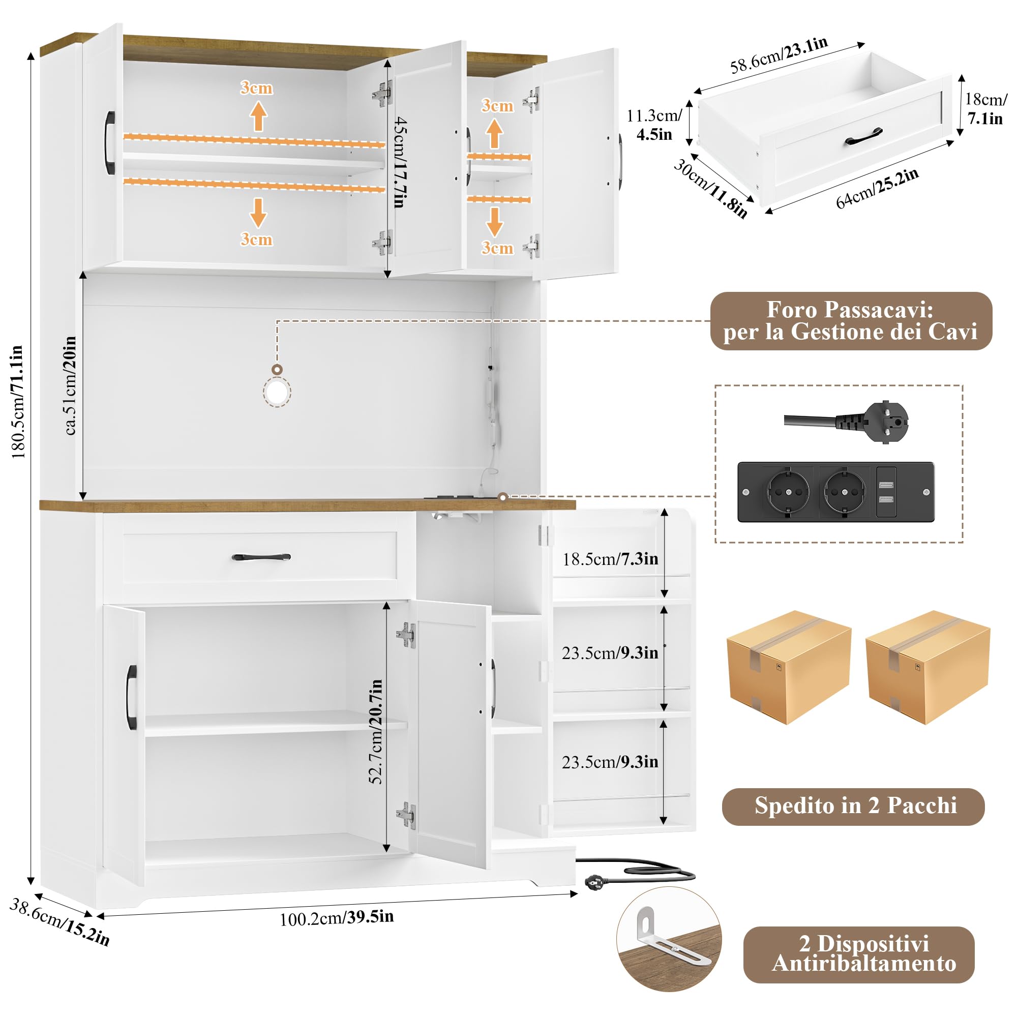 FirFurd 180.5 cm Mobile Cucina, Credenza Cucina Alta con Presa Integrata e Luce LED, Credenza con Porta Spezie, Ripiani Regolabili, Ampio Piano di Lavoro, 100.2x38.6x180.5 cm, Bianco
