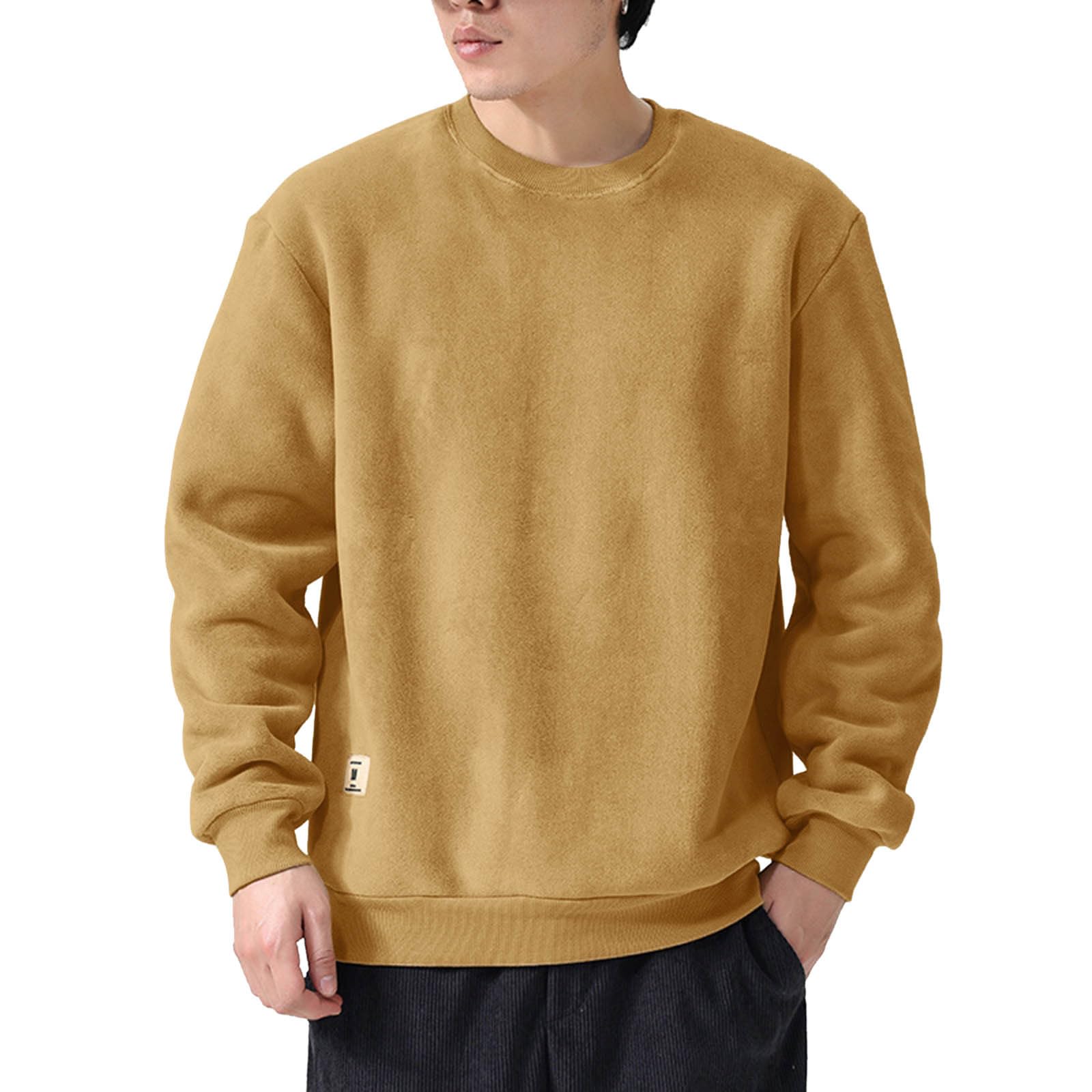 Jersey de forro polar para hombre, sudadera cálida de manga larga, jersey de invierno, suéter térmico grueso, monocolor, parte superior, suéter de invierno, suéter de trabajo, cuello redondo