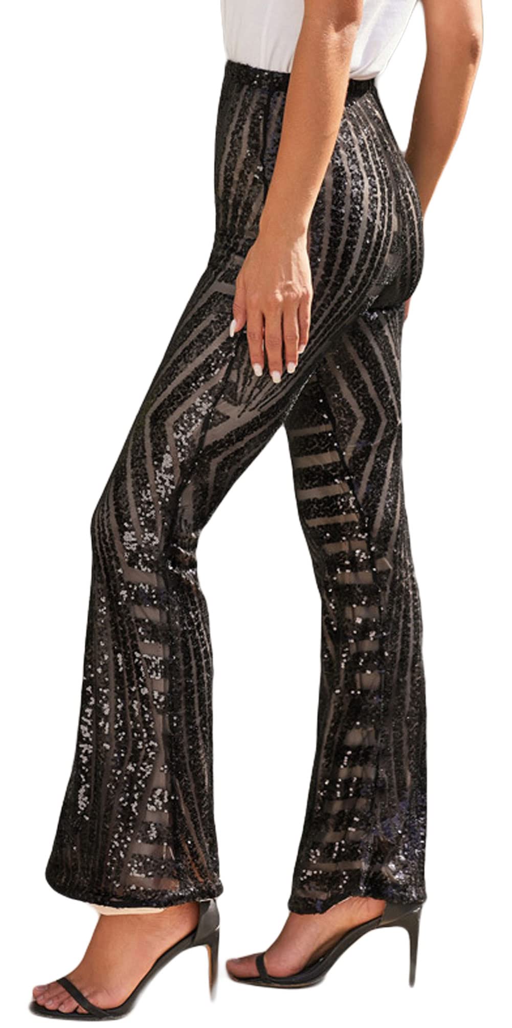 CHARTOU Womens Glitter Elastic Waist Sequin Wide Leg Pants Palazzo Flare Trousers