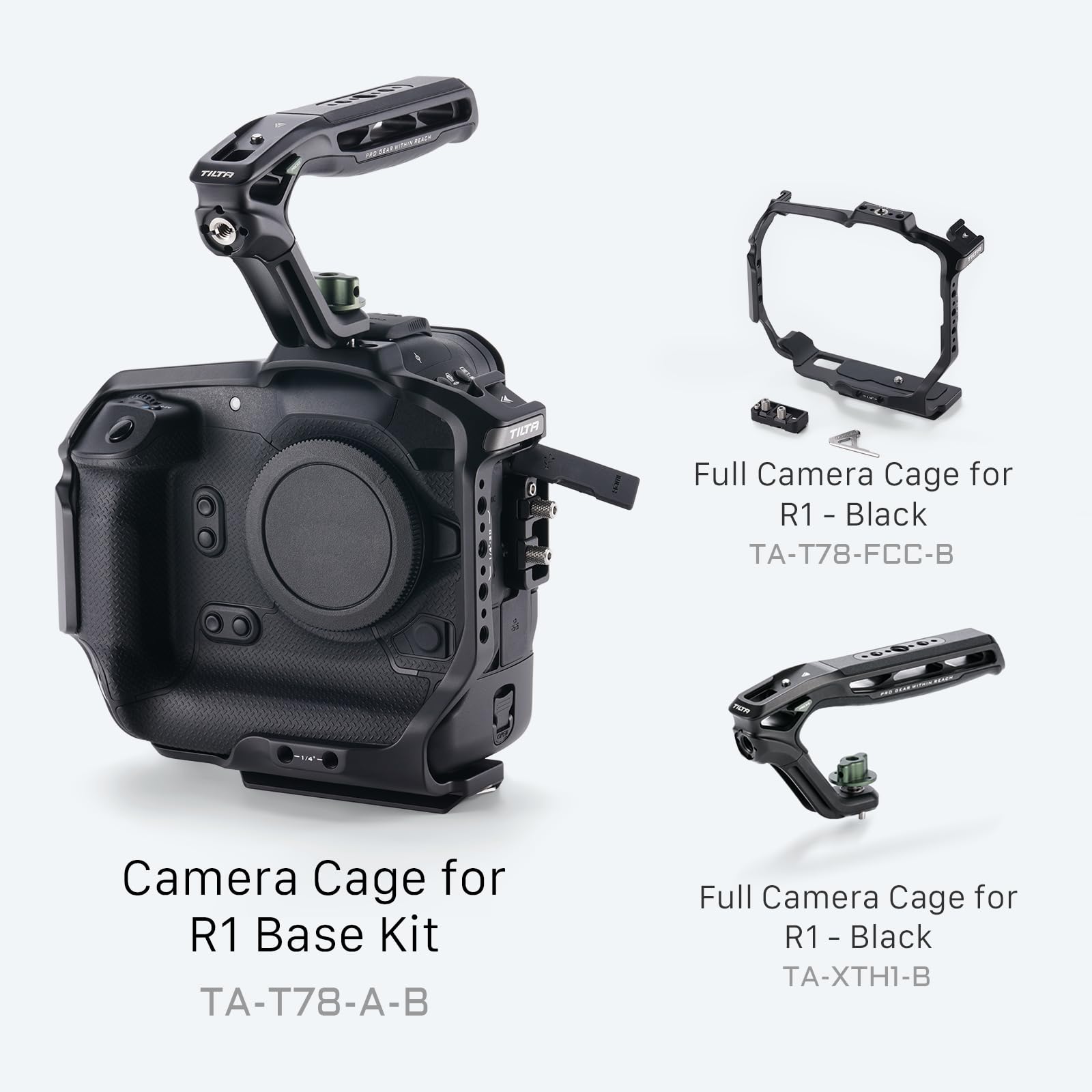 Tilta Jaula R1, Kit Básico de Jaula para Cámara Compatible con R1 con Asa Superior, Abrazadera para Cable USB-C, Roscas de 1/4″-20, Receptor de Zapata Fría - Negro TA-T78-A-B
