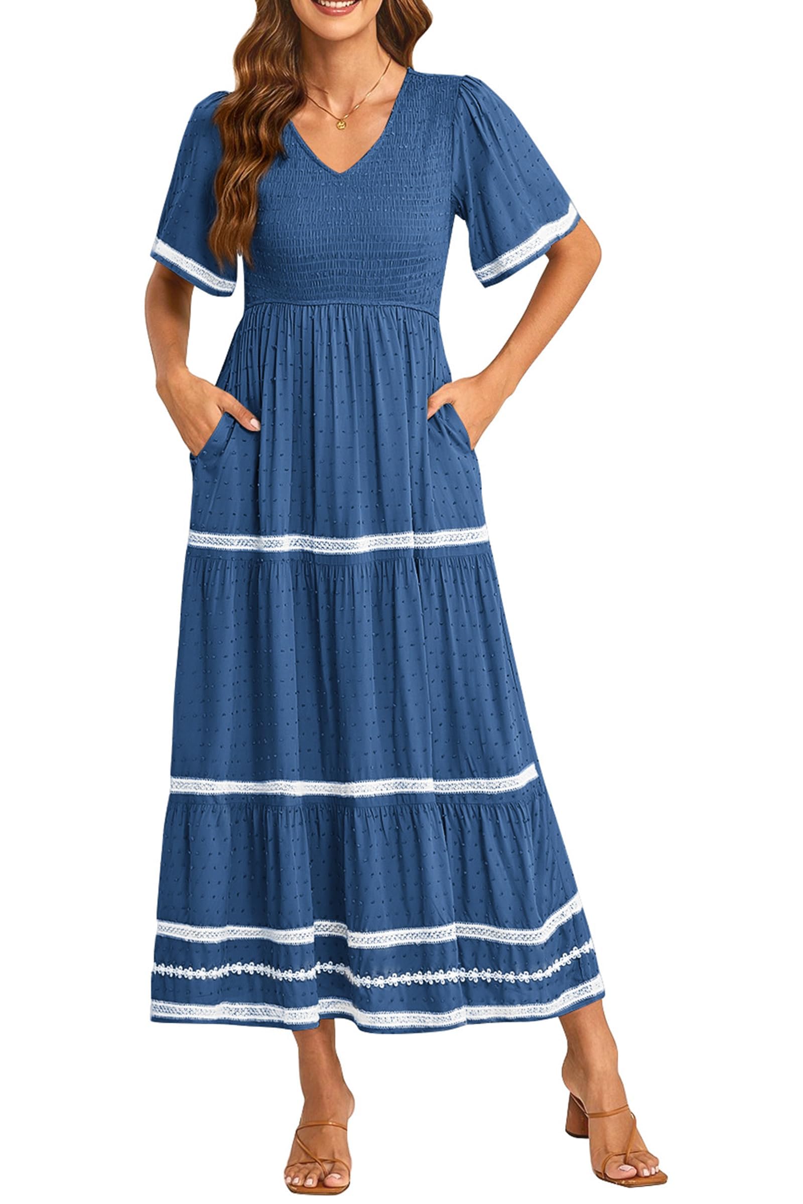 PRETTYGARDEN Women's Casual Summer Maxi Dress Short Sleeve Swiss Dot V Neck Smocked Long Flowy Beach Dresses