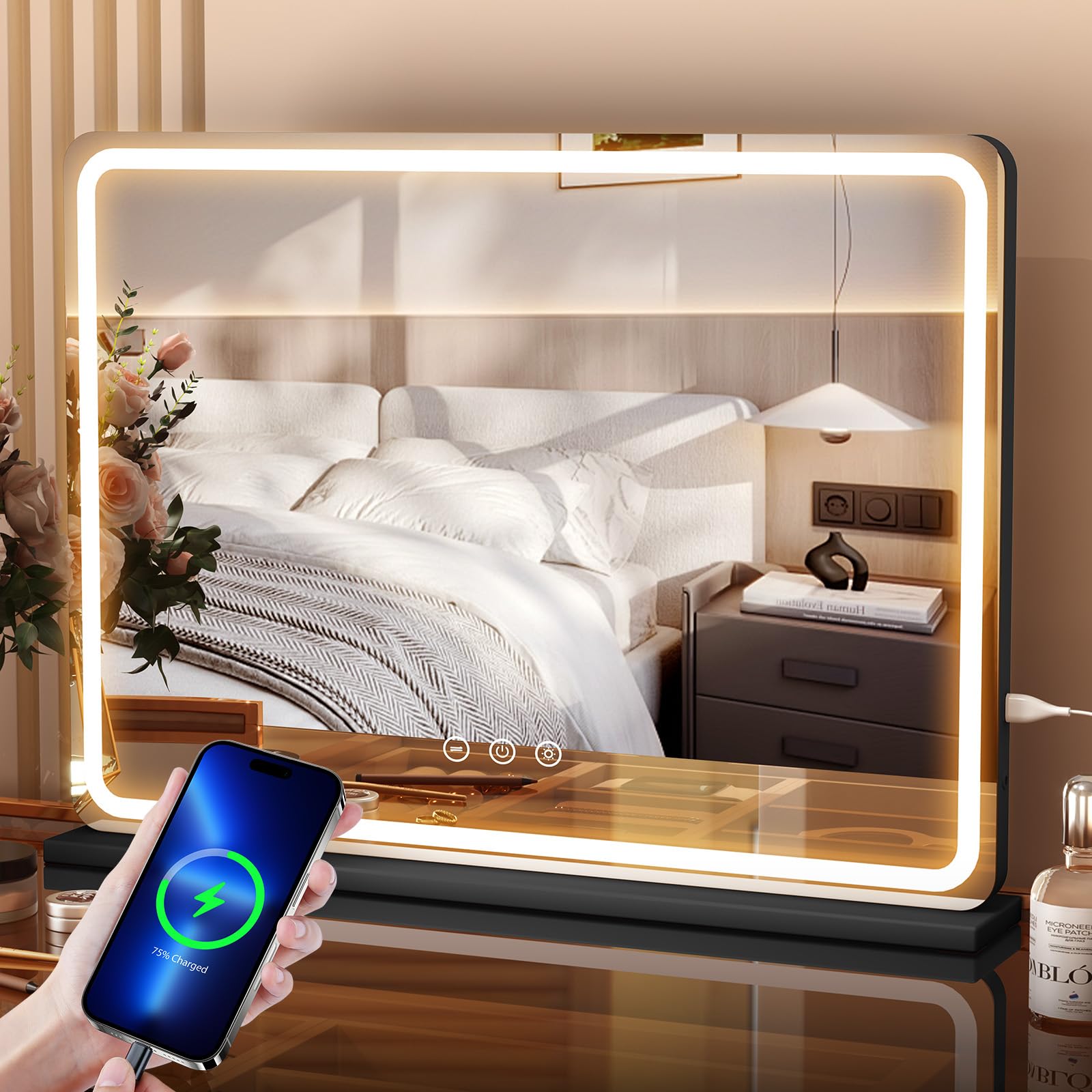 Aovquof Makeup Mirror with Light, 80 x 55 cm, Large LED Vanity Mirror with LED, 3 Lighting Modes, with USB and Removable 10x Magnification Lens, Wall Mirror – Black