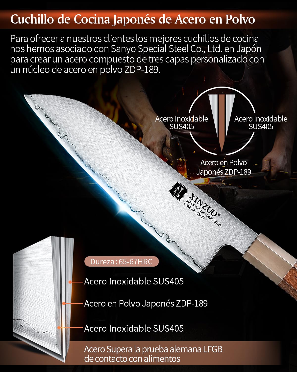 XINZUO 18,3cm Cuchillo Santoku de Cocina Acero en Polvo Japonés ZDP-189 -Profesional Afilado Acero Inoxidable Cuchillo para Verduras -Mango de Desert Ironwood -con Caja de Regalo de Madera de Tung