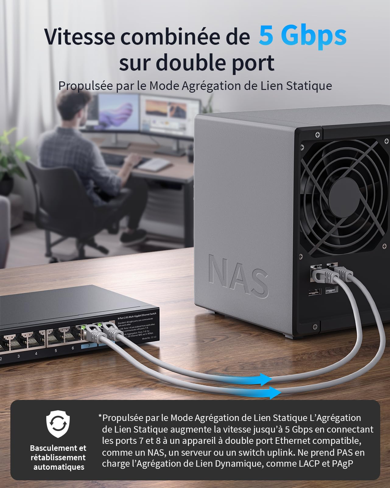 BrosTrend Switch Ethernet 2.5Gbps 8 Ports, Switch RJ45 2.5 Gigabit Unmanaged avec VLAN / Agrégation de Lien Statiques, Hub Ethernet 2,5Gb pour PC NAS, Plug & Play, sans Ventilateur, Protection à Vie