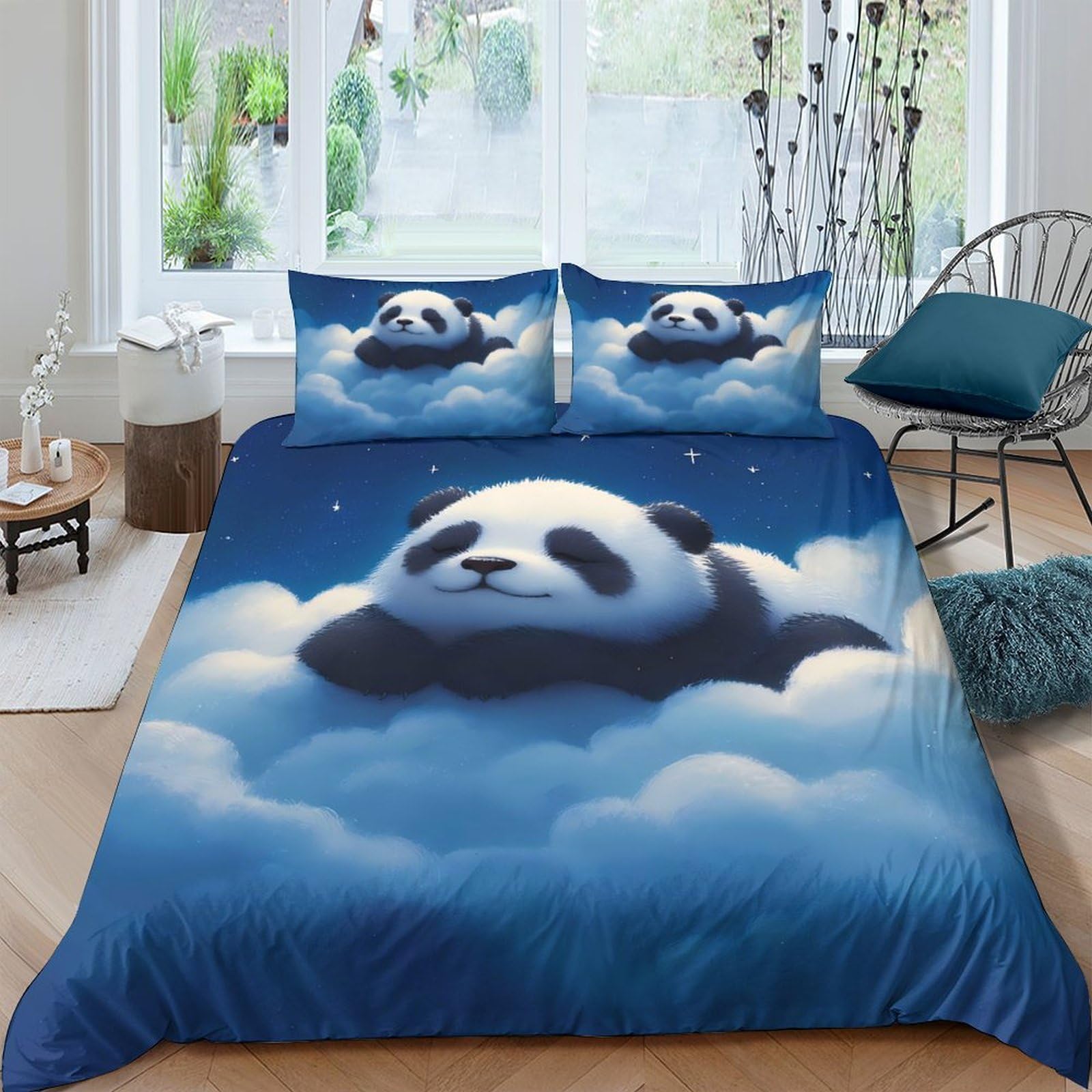 Ctjqhvkz Style-3 3D Printed Dreamy Panda Clouds Fitted Sheet Microfiber Soft Blue Sky Mattress Cover For Bedroom Guestroom Decor Single（135X200cm）