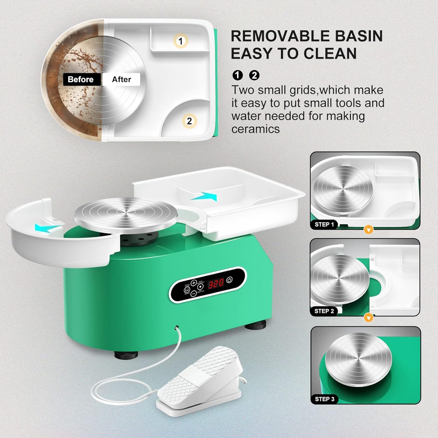 Torno Alfarero, Táctil y Pedal de Control, 25CM Plato Giratorio Lavabo Extraíble, 350W, 0-320 RPM Torno de Alfarero de Cerámica Kit Ceramica para Niños y Adultos Potter