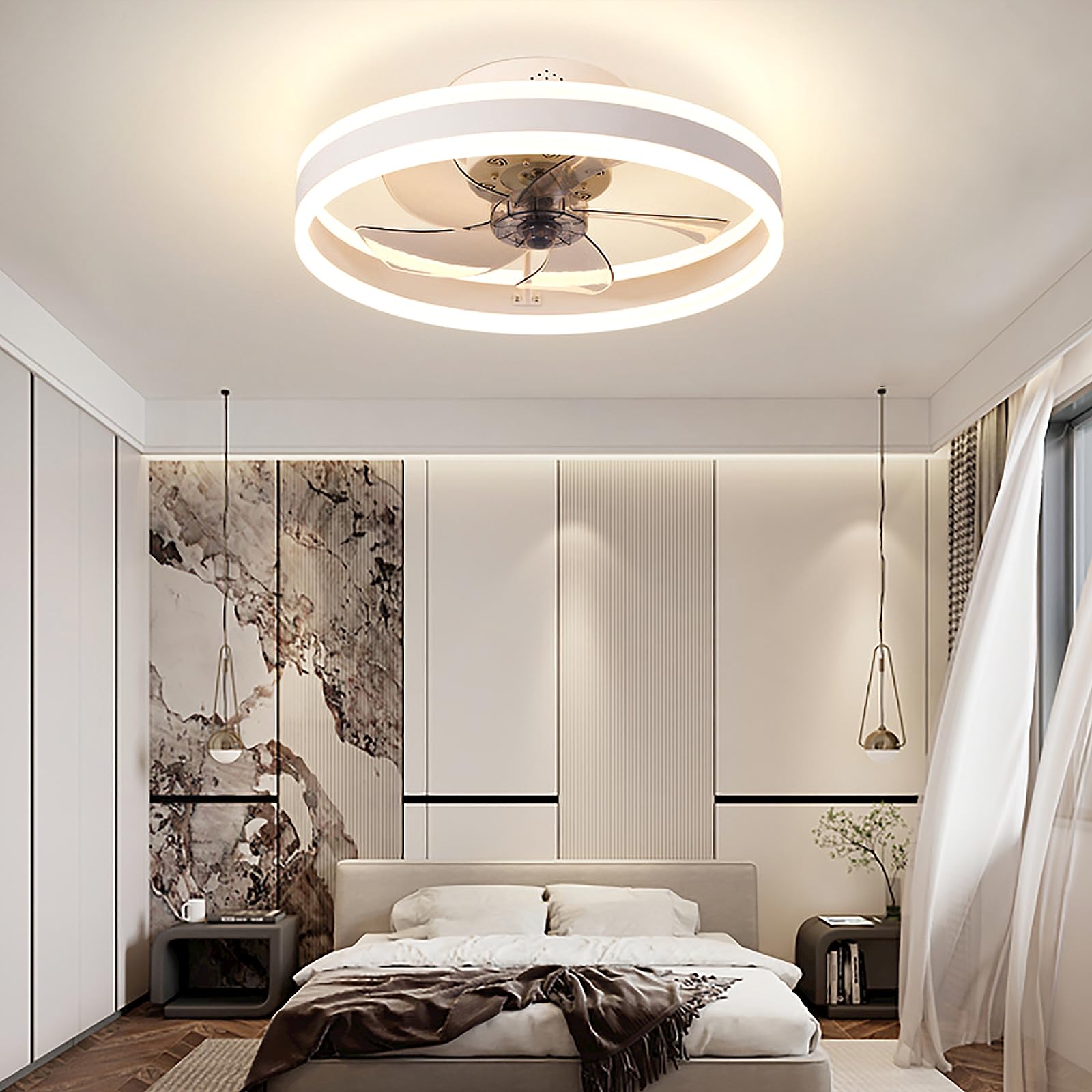 YFouCnd I 50CM Ceiling Fans with Lights LED Dimmable Fan Ceiling Light Reversible DC 6 Speeds Fan Light with Remote Control Quiet Ceiling Fan with Lamps for Bedroom Office-White