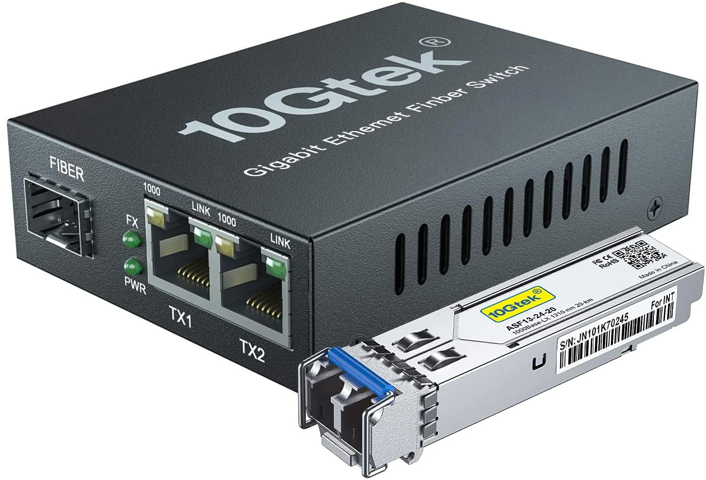10Gtek 3 Ports 1.25G Media Converter with 1 SFP Port + 2 RJ45 Ports, packed with a 1000Base-LX Module, 1000Base-LX to 10/100/1000Base-Tx, up to 20-KM
