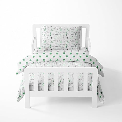 Bacati Muslin Sports - Juego de ropa de cama de 4 piezas para niños 100 algodón incluye edredón reversible sábana bajera sábana bajera y funda de