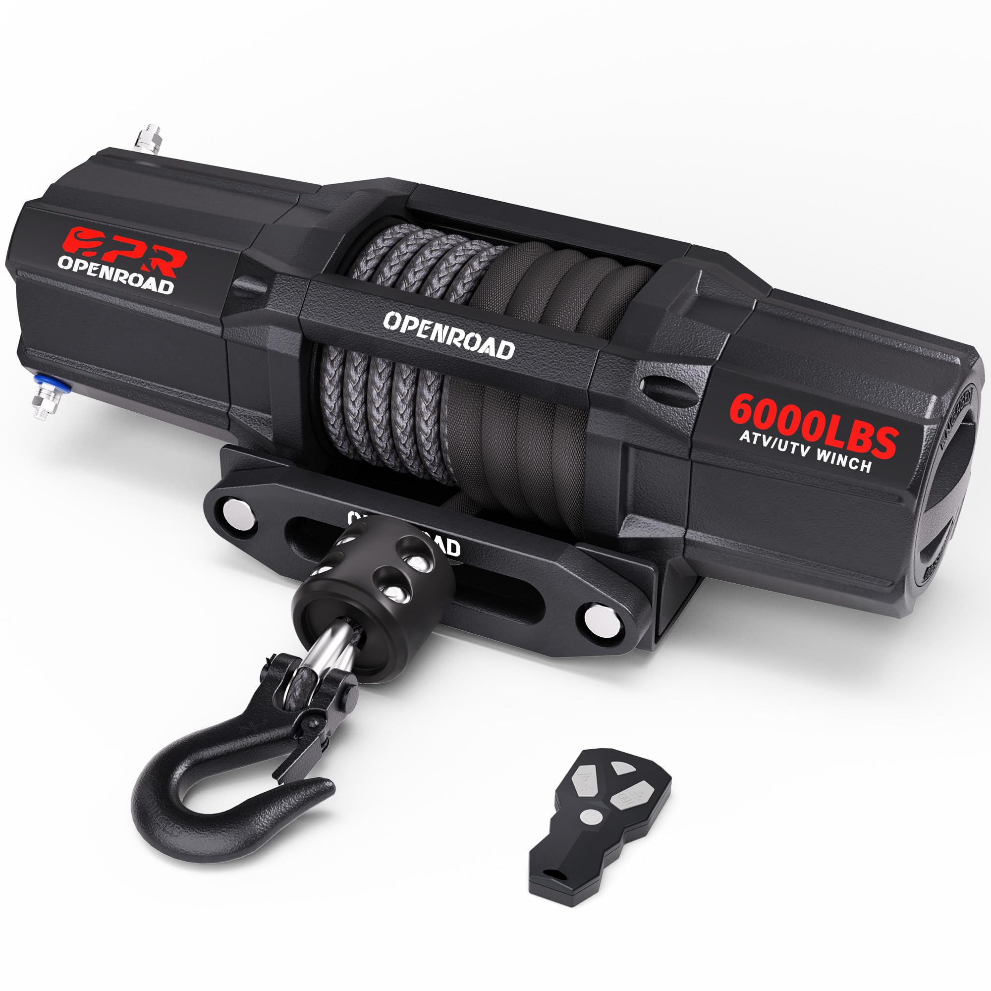 OPENROAD 6000 lbs UTV Winch, Waterproof IP67 Electric Trailer 6k Winch with 1/4"×50ft Synthetic Rope,Wireless Remote and Winch Stopper (6000lb with Mounting Plate)