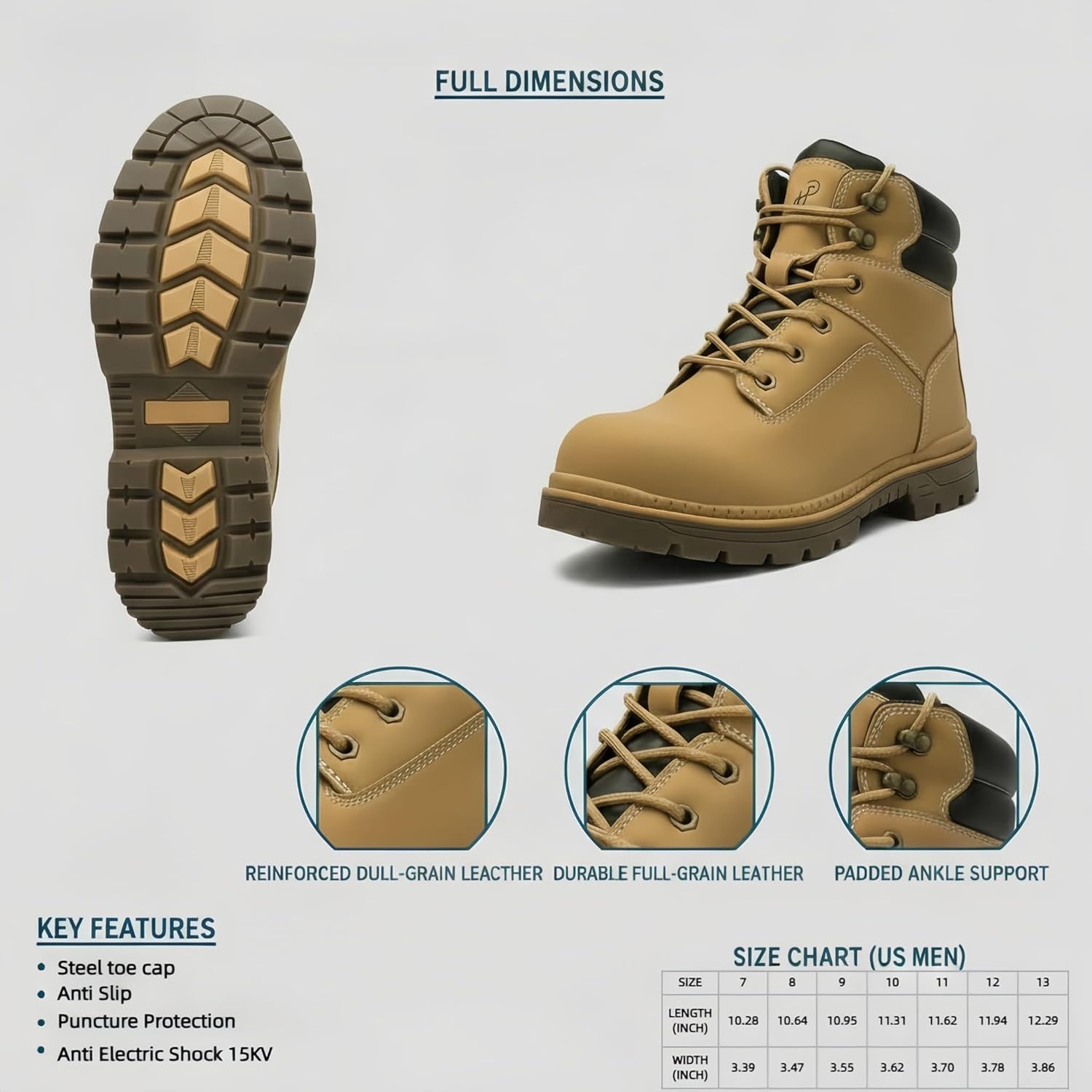 Water Resistant Work Boots Composite Toe Shoes Non Slip Construction Leather Boots Puncture Proof Indestructible Steel Toe Shoes Electrical Resistance Shoe Wheat
