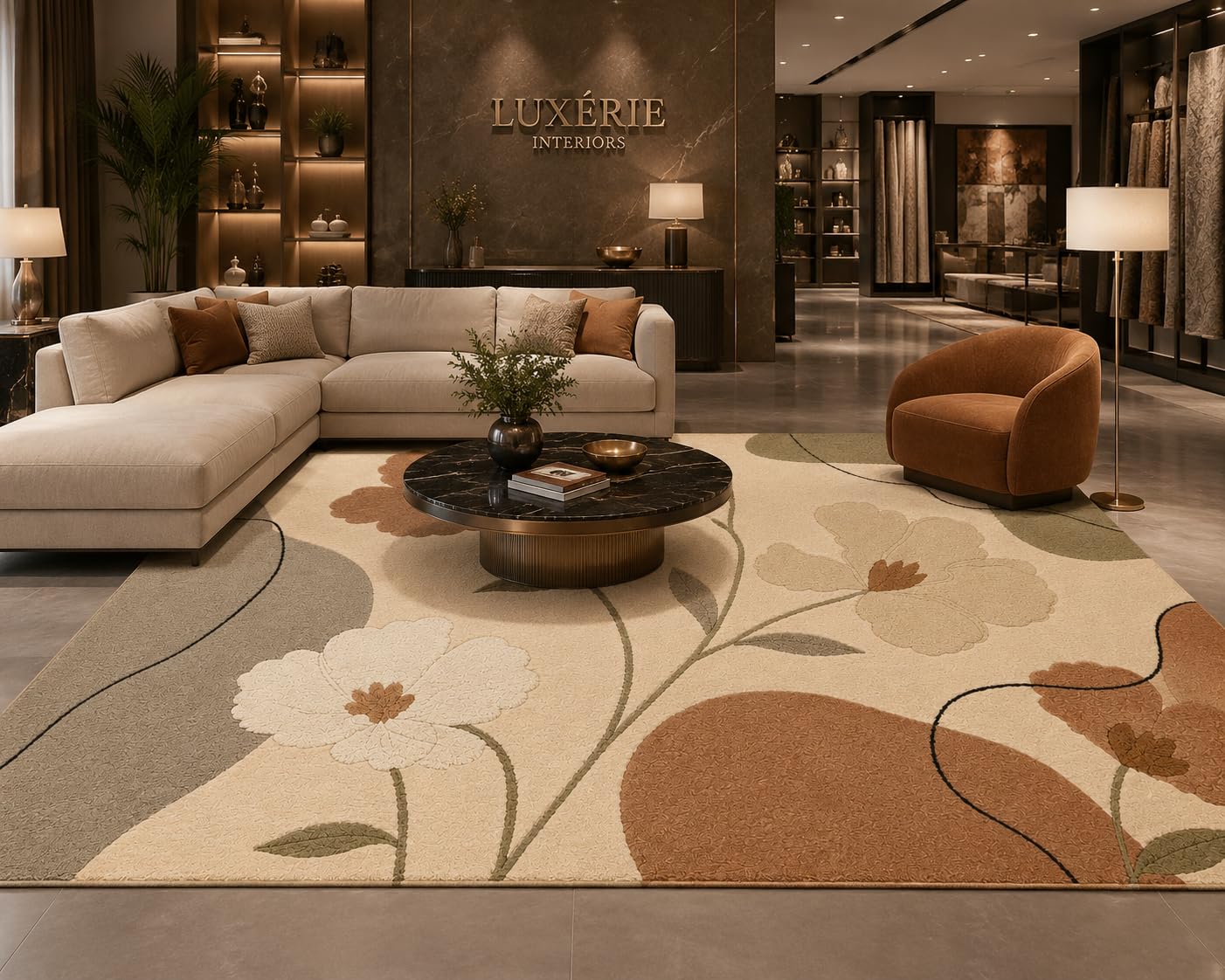 modern hand tufted floral area rug, luxury wool carpet for living room, bedroom & dining room, contemporary beige botanical rug, soft handmade floor rug, 6 x 9 feet