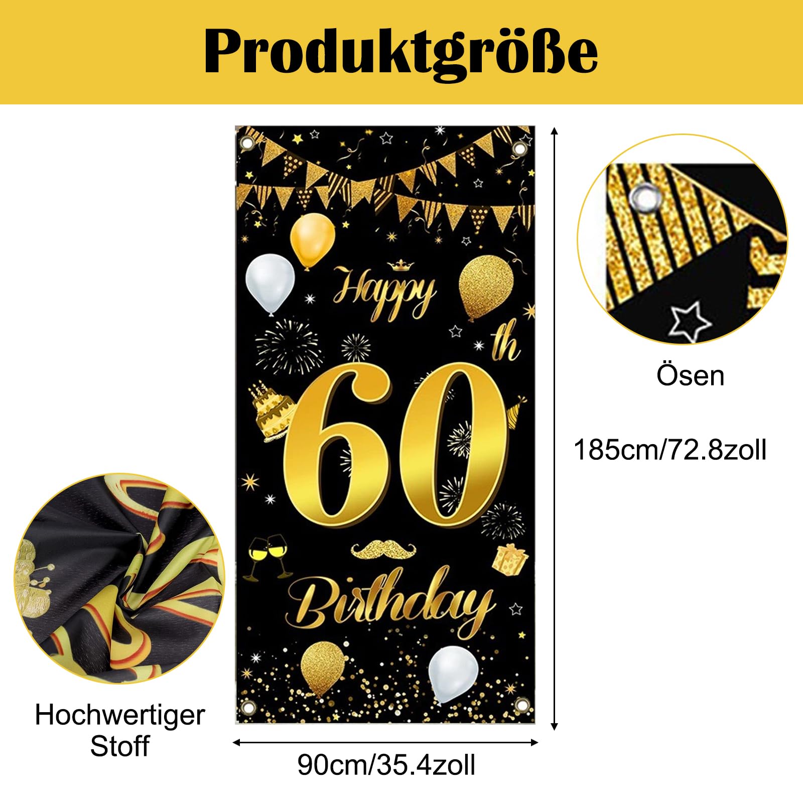 60. Geburtstag Banner – Schwarz-Gold, 180x110 Cm, Für Männer & Frauen, Party-Deko