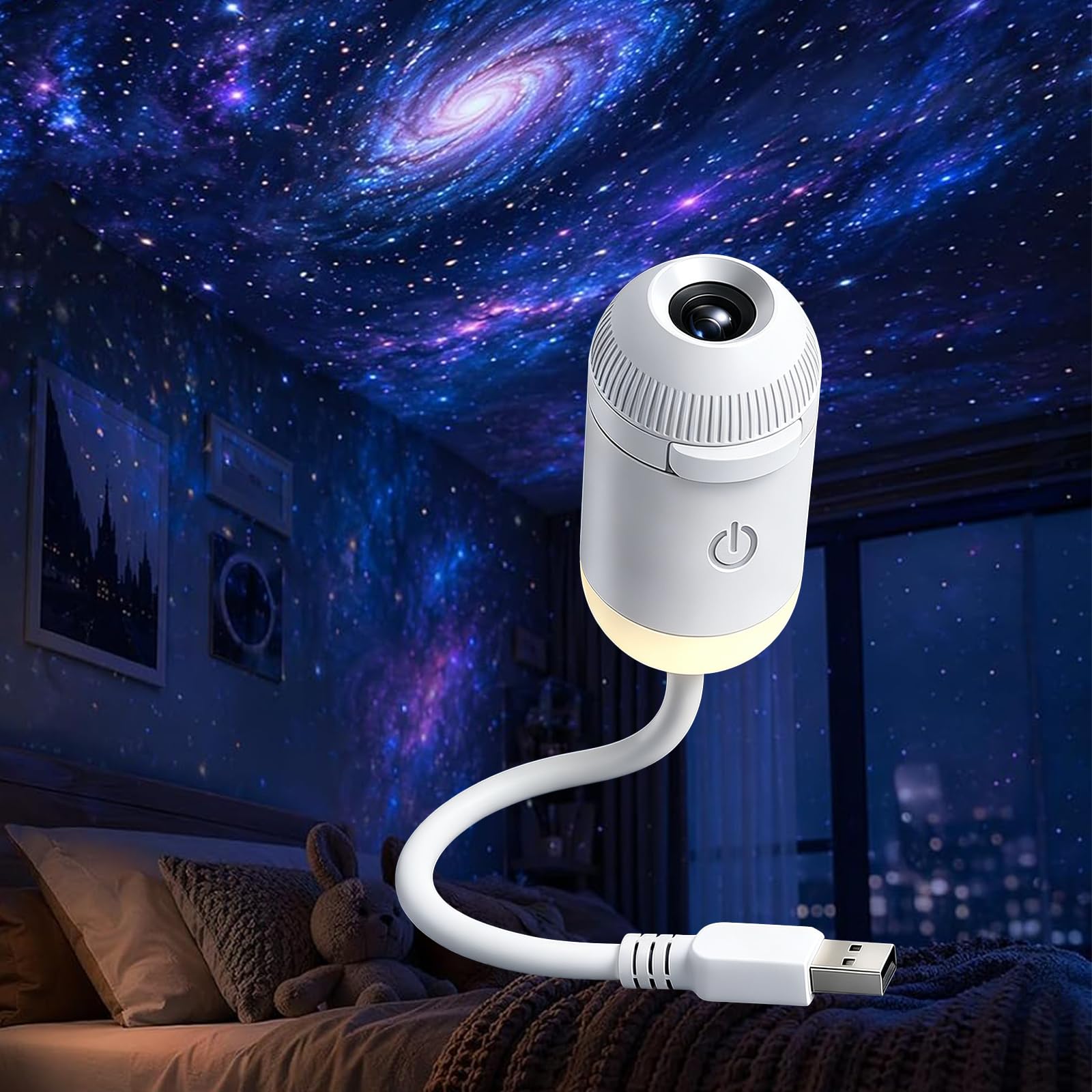 HD Smart Dynamic 5D Holographic Night Light Projector, Plug and Play HD Star Projector with 3/6/12/24 Projection Films, 360° USB Galaxy & Moon Projectors Light for Bedroom Car Roof ，with 12 Films