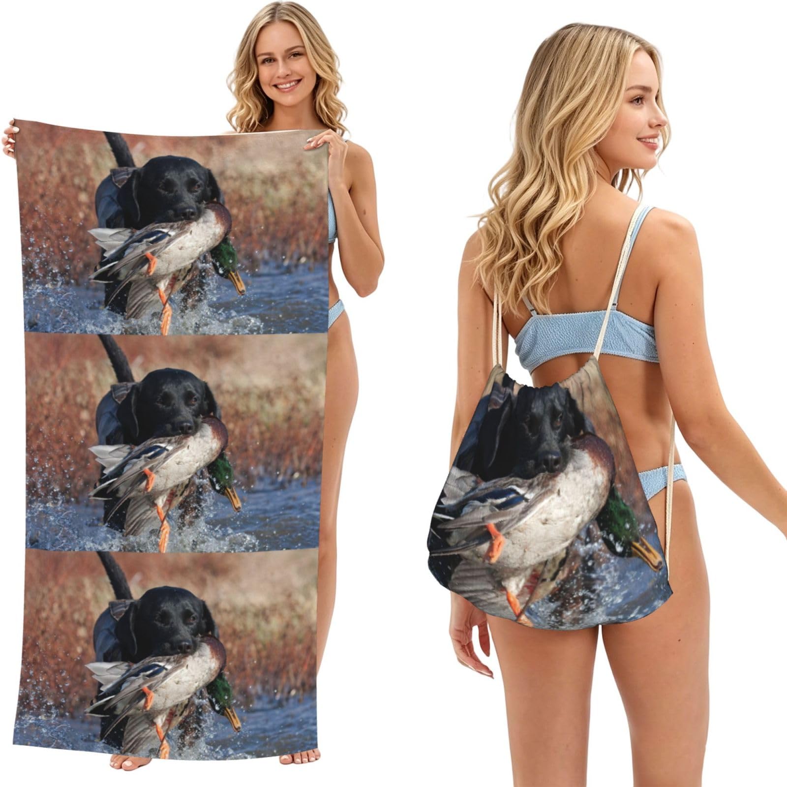 Poadnly As Picture Duck Hunting Labrador Dog Cool Black Puppy Animal, 2 In 1 Packable Towel Bag, Beach Towels With Drawstring Backpack For Travel Holiday Camping
