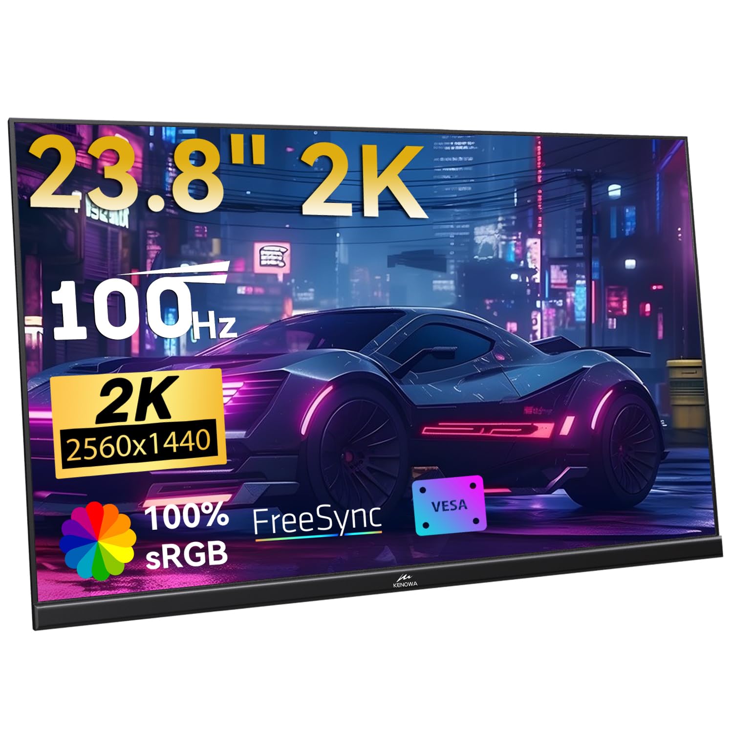 Kenowa USB-C Portable Monitor 23.8 Inch QHD 2560 x 1440 2K 100Hz FreeSync for Gaming PC, IPS External Screen, Built-in Speakers, with Type-C/HDMI for Laptop/PC/Phone/Mac/PS4