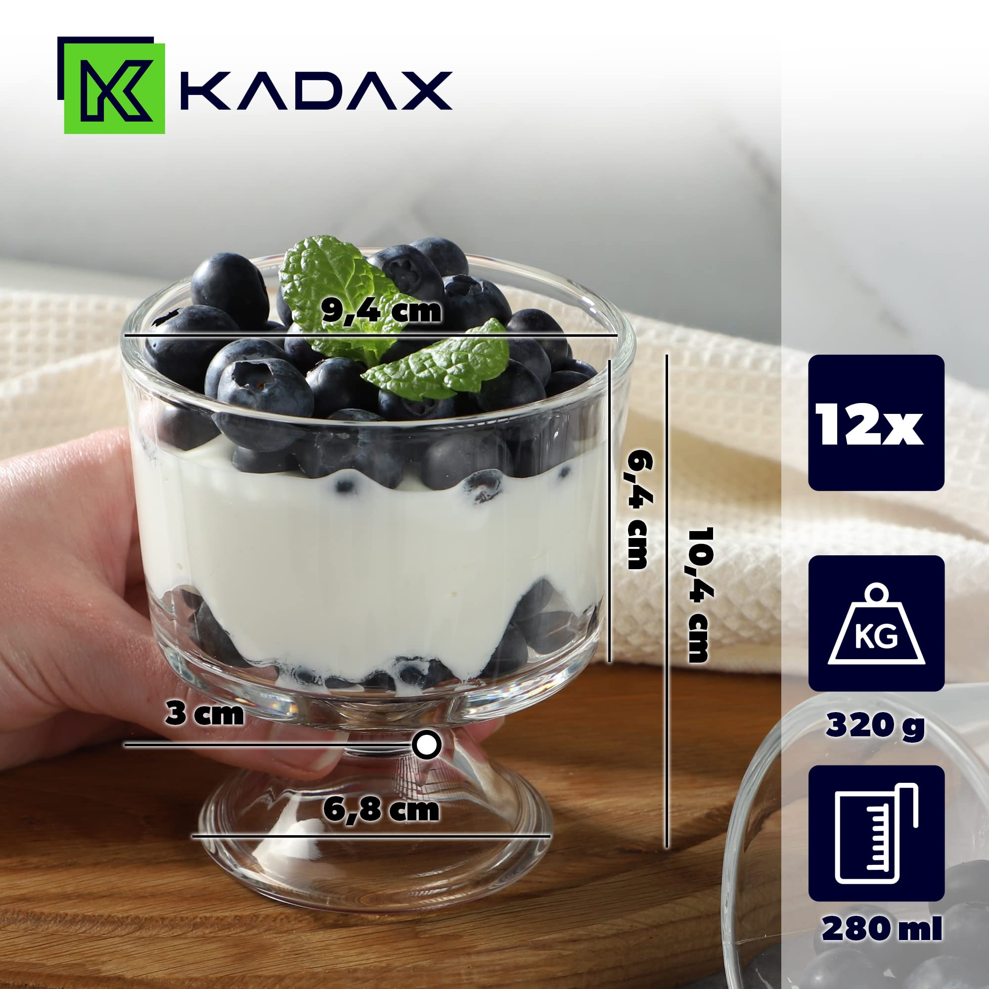 KADAX Copas de Helado de 280 ml, Vasos de Vidrio Transparente con Base Elegante para Postres, Copa de Cristal para Coctel de Marisco y Gambas (Juego de 12)