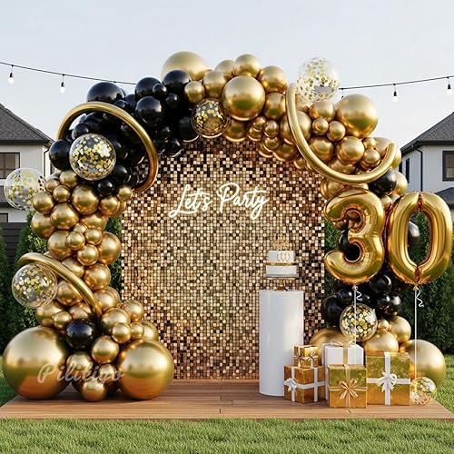 Miniatura 5 de Kit de arco de globos negros y dorados, globos negros mate y dorados metálicos de 51218 pulgadas con globos de confeti dorado y globos largos