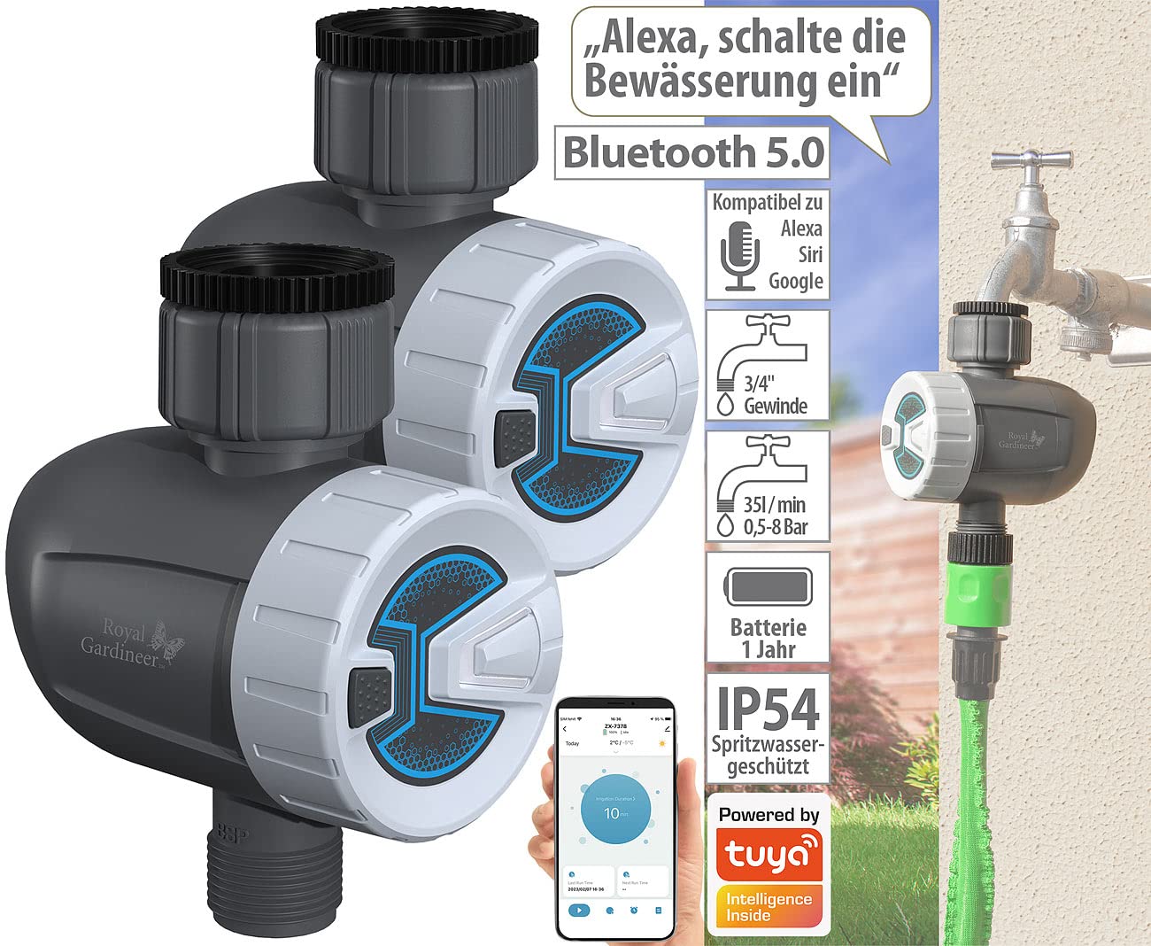 Royal Gardineer irrigatore Automatico: Set di 2 programmabili Intelligenti Computer per l'irrigazione, Bluetooth 5, App Gratuita ELESION (Computer di irrigazione Bluetooth, irrigazione da Giardino)