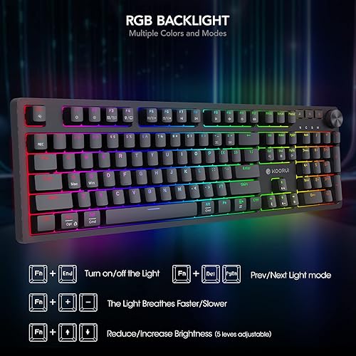 Miniatura 2 de KOORUI Teclados para juegos, 104 teclas, teclado mecánico de tamaño completo con cable 26 RGB retroiluminado con interruptor rojo, teclados gamer
