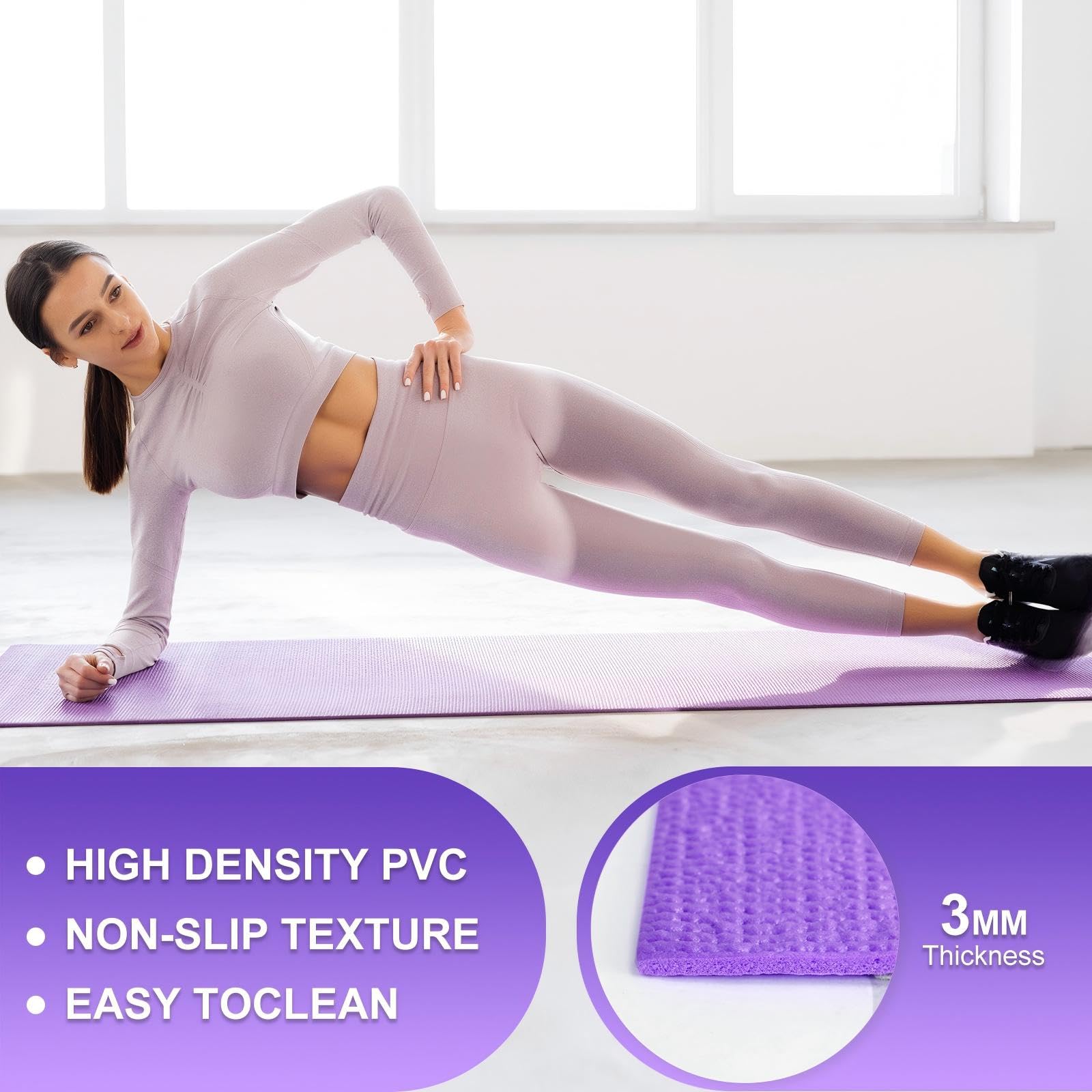 16 alfombrillas de yoga antideslizantes de 3 mm de grosor, para hombres y mujeres, gimnasio, hogar, fitness, color morado