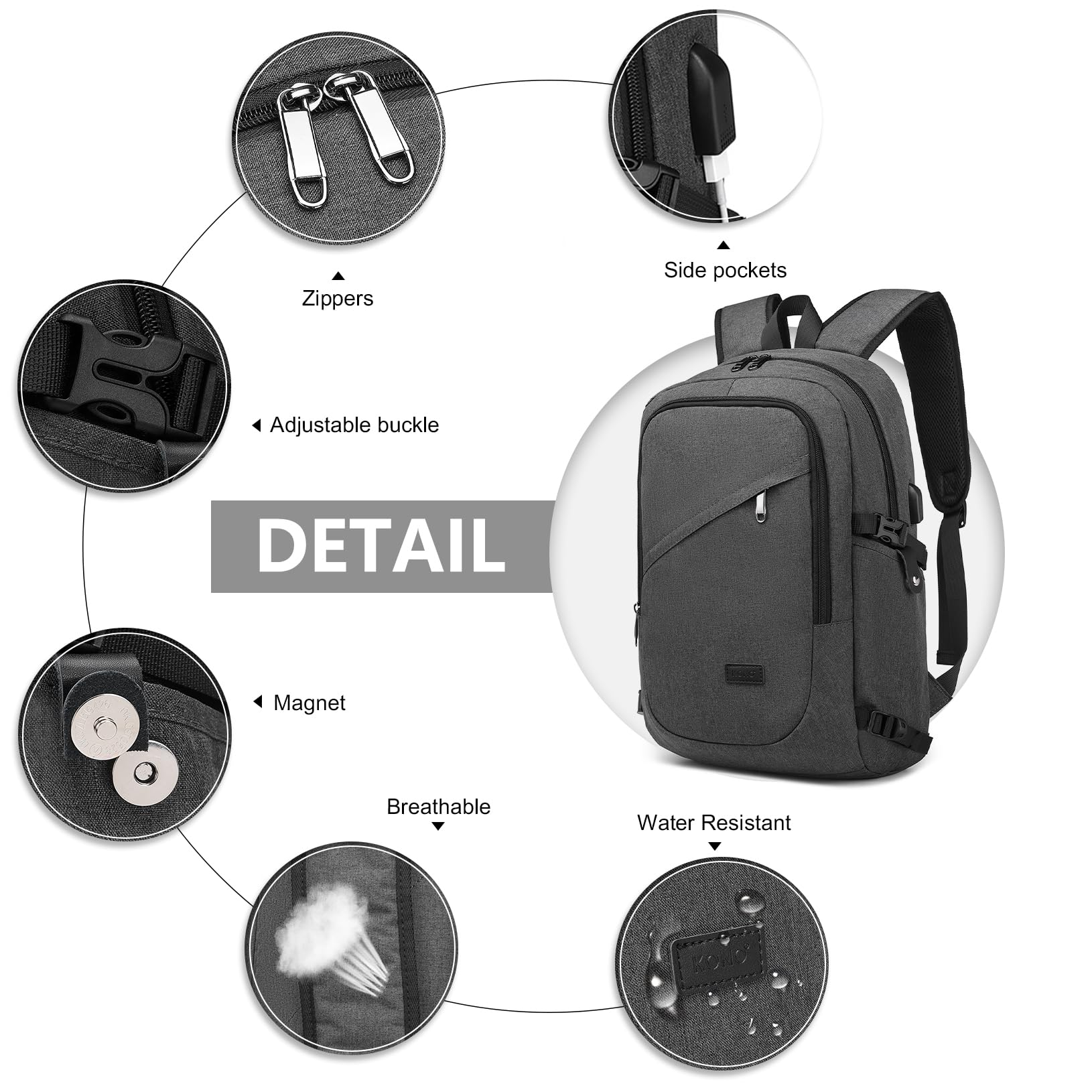 KONO Zaino per computer portatile Antifurto da viaggio Business Work Zaino per computer con porta di ricarica USB Leggero Borsa per laptop High Schoolbag per ragazzo Uomini Donne Casual Daypack