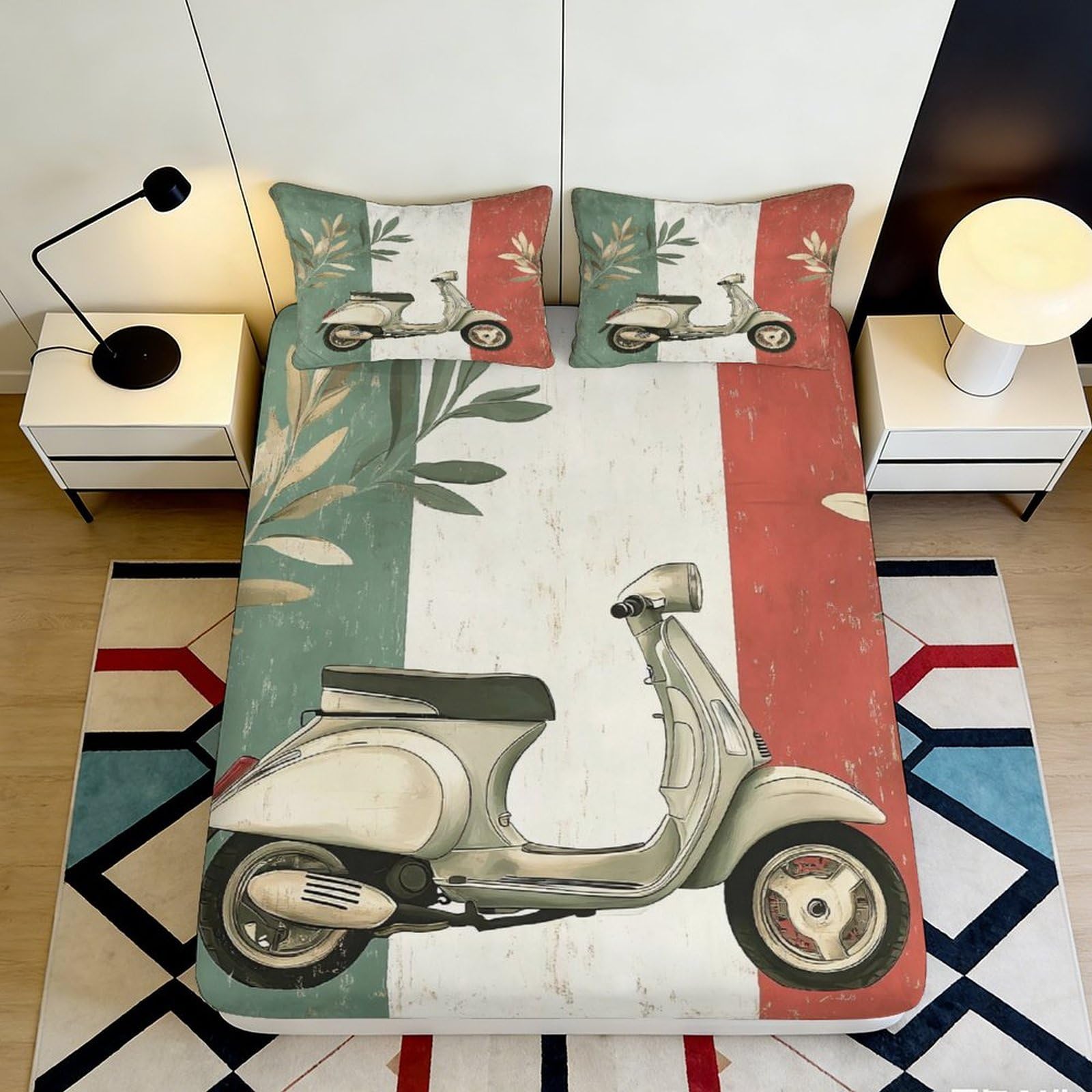 3D Printed Vintage Scooter Fitted Sheet Microfiber Durable Soft 3D Printed Italian Flag Bed Cover for Bedroom Dormitory Guest Room Mattress Protection Decor 180x200x25cm