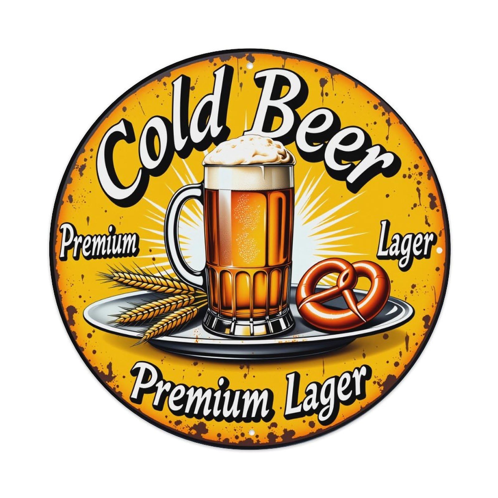 Cold Beer Premium Lager Vintage Metal Tin Sign Retro Wall Decor for Home Bar Garage Cafe, Indoor & Outdoor Decorative，circle Metal Poster, 8x8 Inch