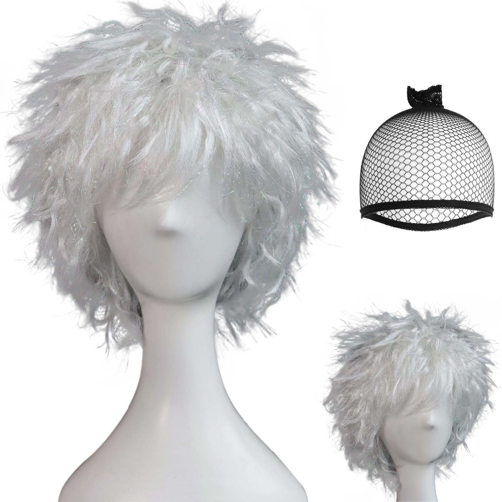 BECULINA Silver Spiky Wig with Hair Cap Mens Short White Layered Wigs with Bangs for Men Silver Messy Fluffy Cosplay Wig for Halloween Christmas Party Costume Outfit Hair