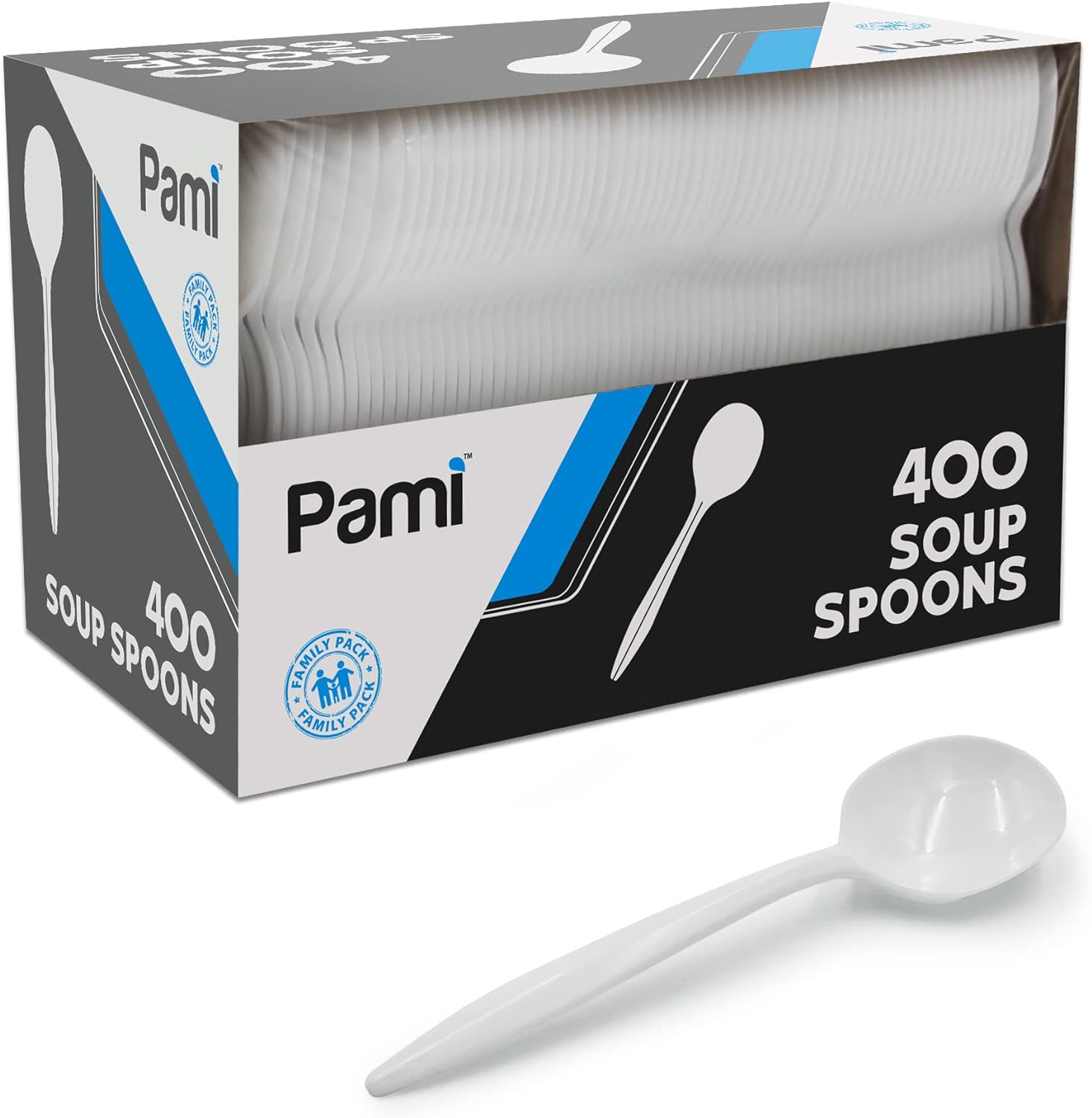 PAMI MediumWeight Disposable Plastic Soup Spoons [400Pack] Bulk White Plastic Silverware For