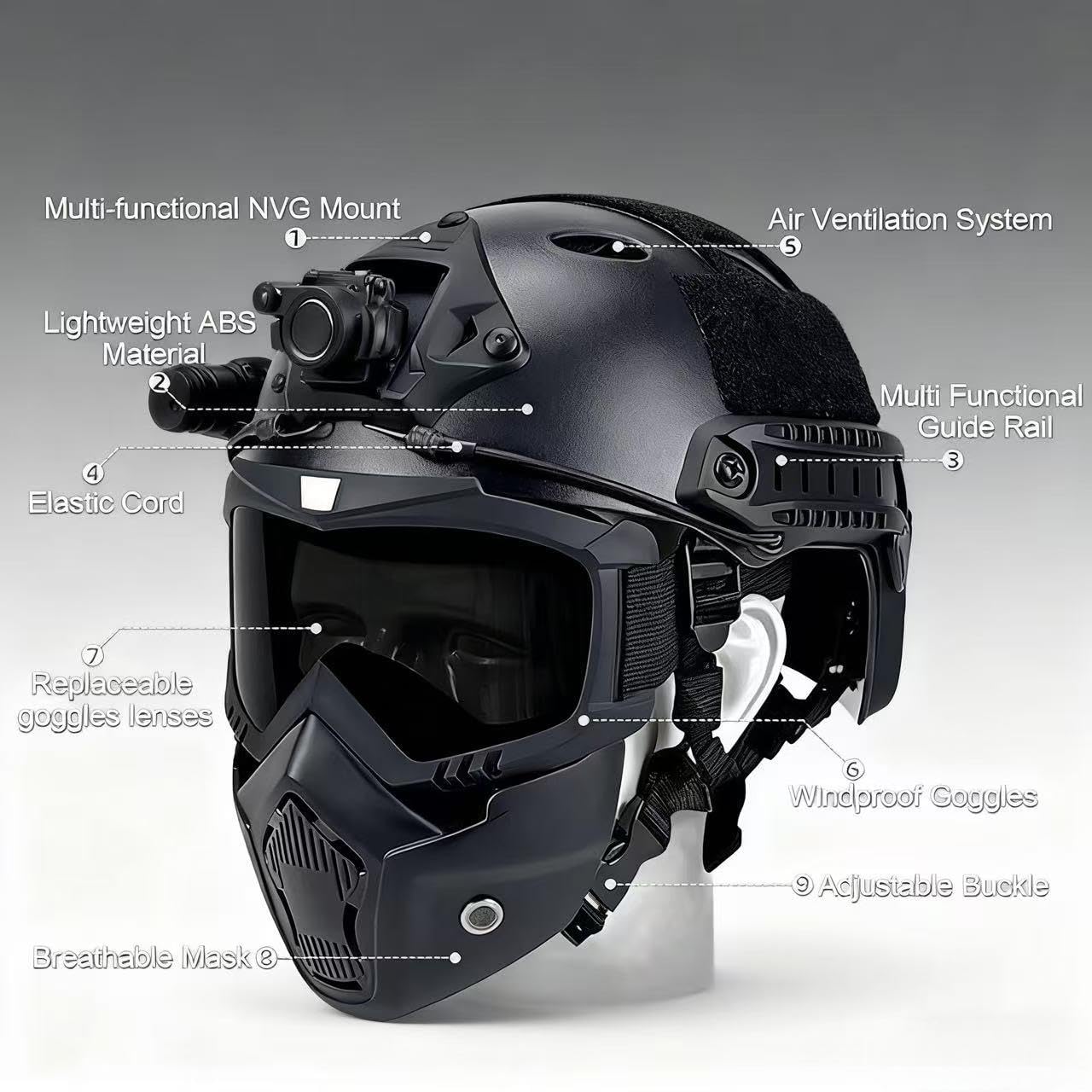 Casque Et Masque Airsoft, avec des Lunettes Amovibles Réglables Airsoft Protection des Masques Visages Complets, Tactique Militaire CS Game Gear (Noir)