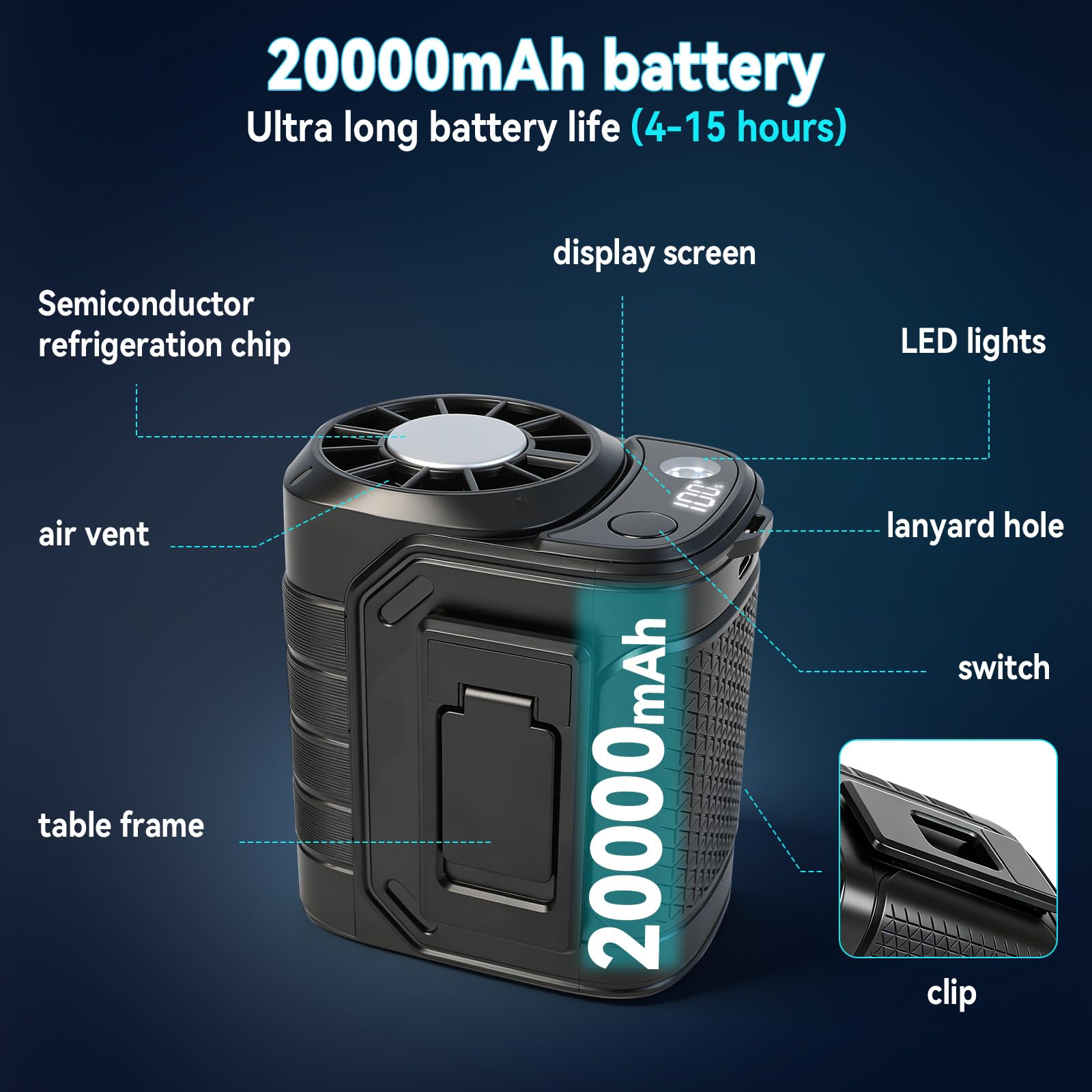 Ventola di raffreddamento personale portatile indossabile con clip in vita, 13000 giri/min, 5 velocità regolabili, ventilatore da cintura con semiconduttore rapido e luce a LED per vita e collo