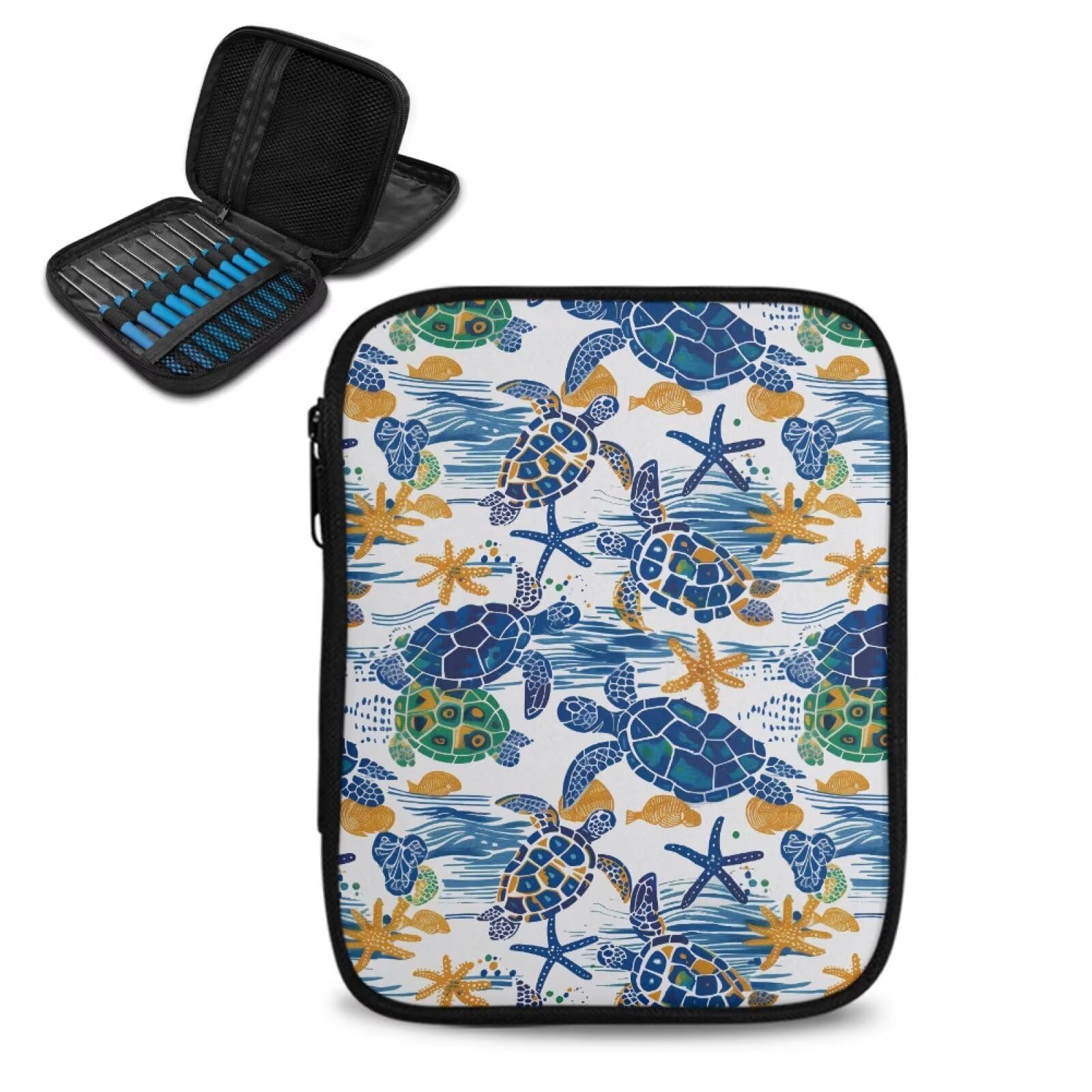 Vanideaoty Sea Turtle Crochet Hook Case Portable Starfish Crochet Hook Organizer with Web Pockets for Knitting Needles Lightweight Women Girls Gifts