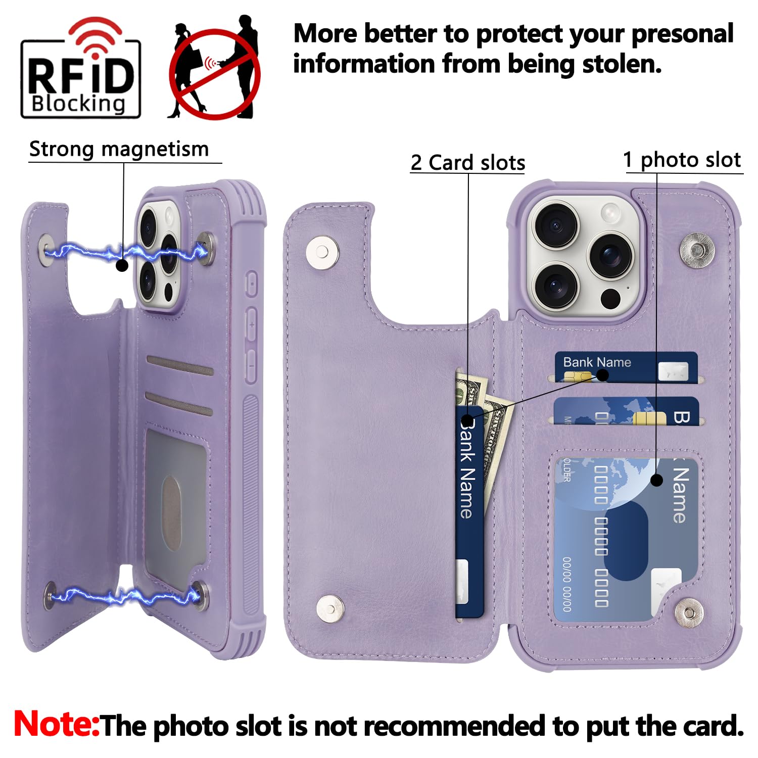 VANAVAGY Compatible for iPhone 16 Pro Wallet Case with Credit Card Holder,Rfid Leather Flip Folio Phone Cover Fits Magnetic Car Mount and Stand with Screen Camera Protector,Clove Purple - Image 3
