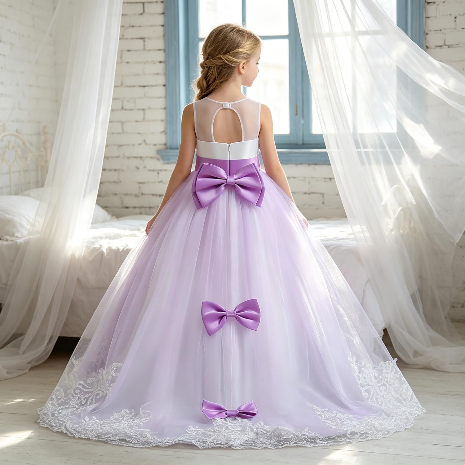 NNJXD Ragazze Pizzo Ricamo Fiore Matrimonio Festa di Compleanno Principessa Abito Coda Lunga