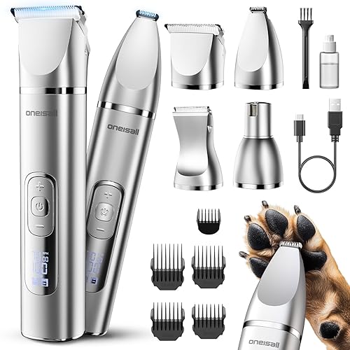 oneisall 4 in 1 Dog Grooming Kit with LCD Display, Dog Hair Trimmer for Paw Nail Grinder, Rechargeable Cordless Low Noise IPX7 Waterproof Pet Clippers - Silver