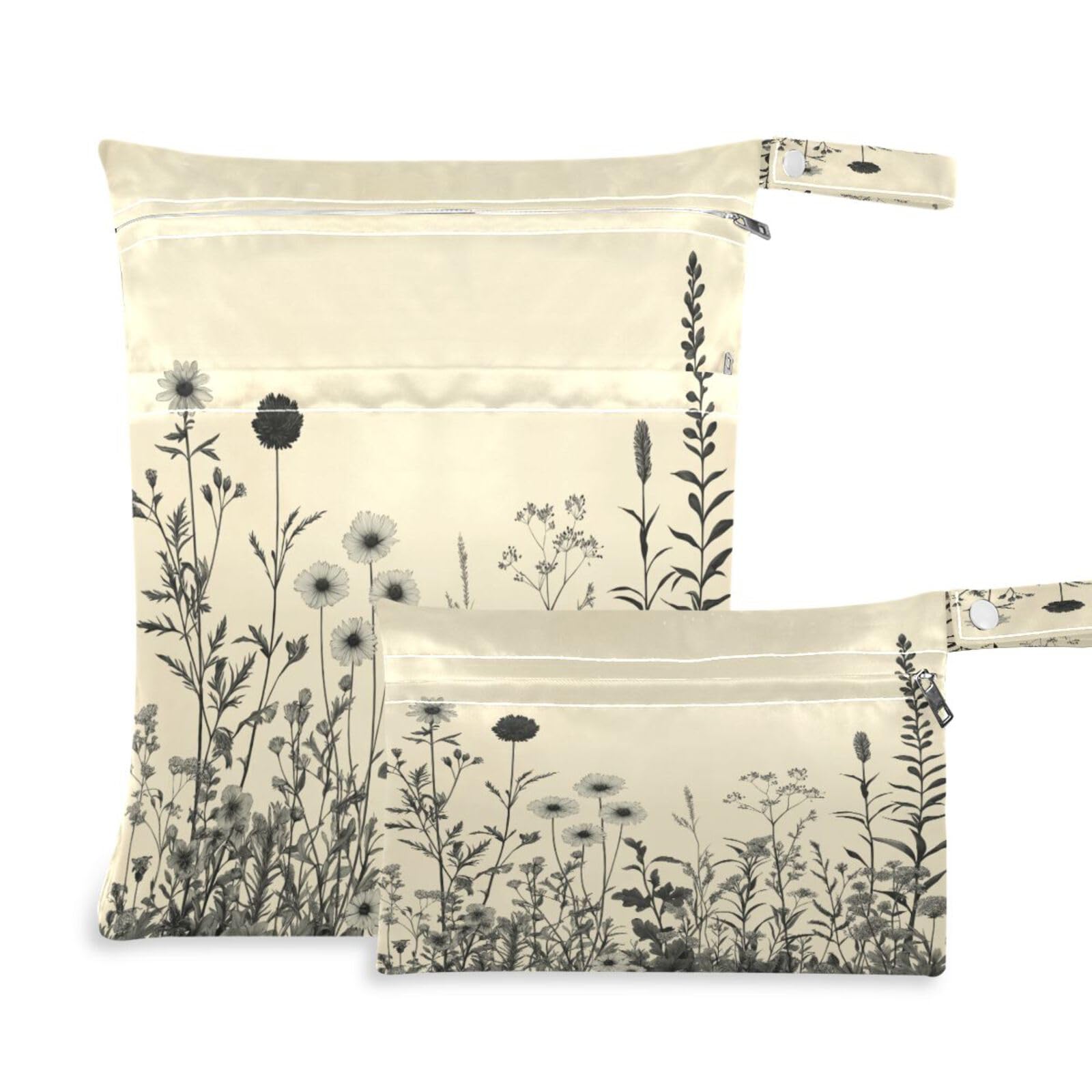 ATTX Black and White Flowers Wet Dry Bags 2-Pack - Reusable Cloth Diaper Storage for Travel, Beach & Gym | Multi-Use Waterproof Bags for Swimsuits, Baby Clothes, Sports Gear#136