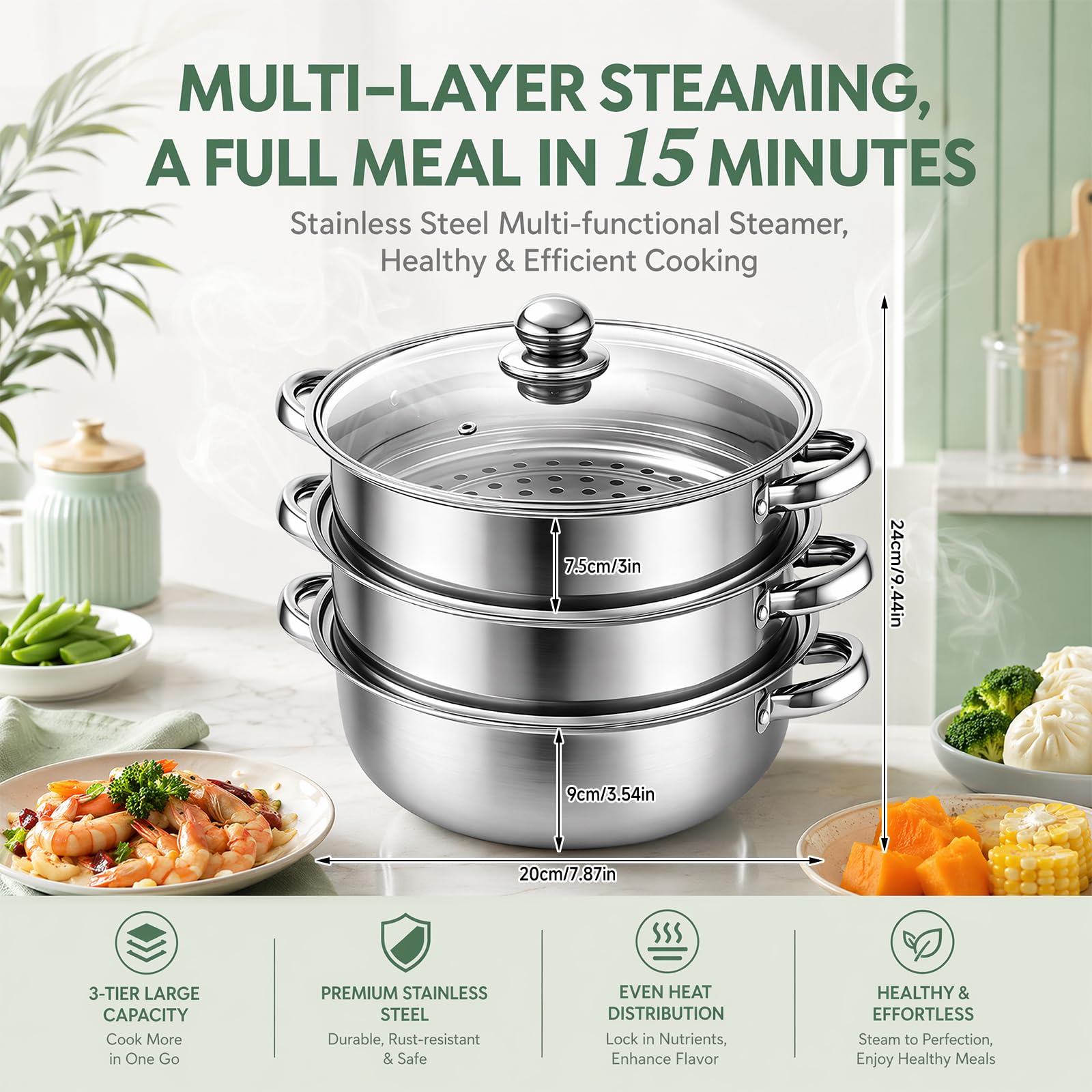 Olla para cocinar al vapor con tapa, 28 cm, acero inoxidable, con inserto de vapor, 3/4 niveles (3 pisos)