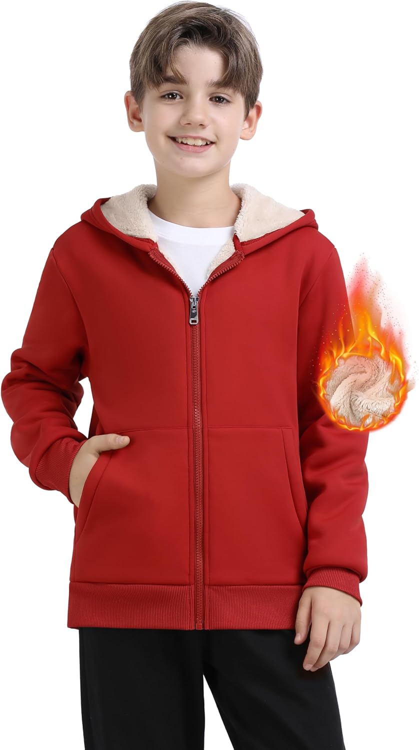 MoFiz Kids Sherpa Lined Hoodie Fleece Jacket Boys Girls Warm Sweatshirt Full Zip Hooded Soft Winter Coat School Outerwear